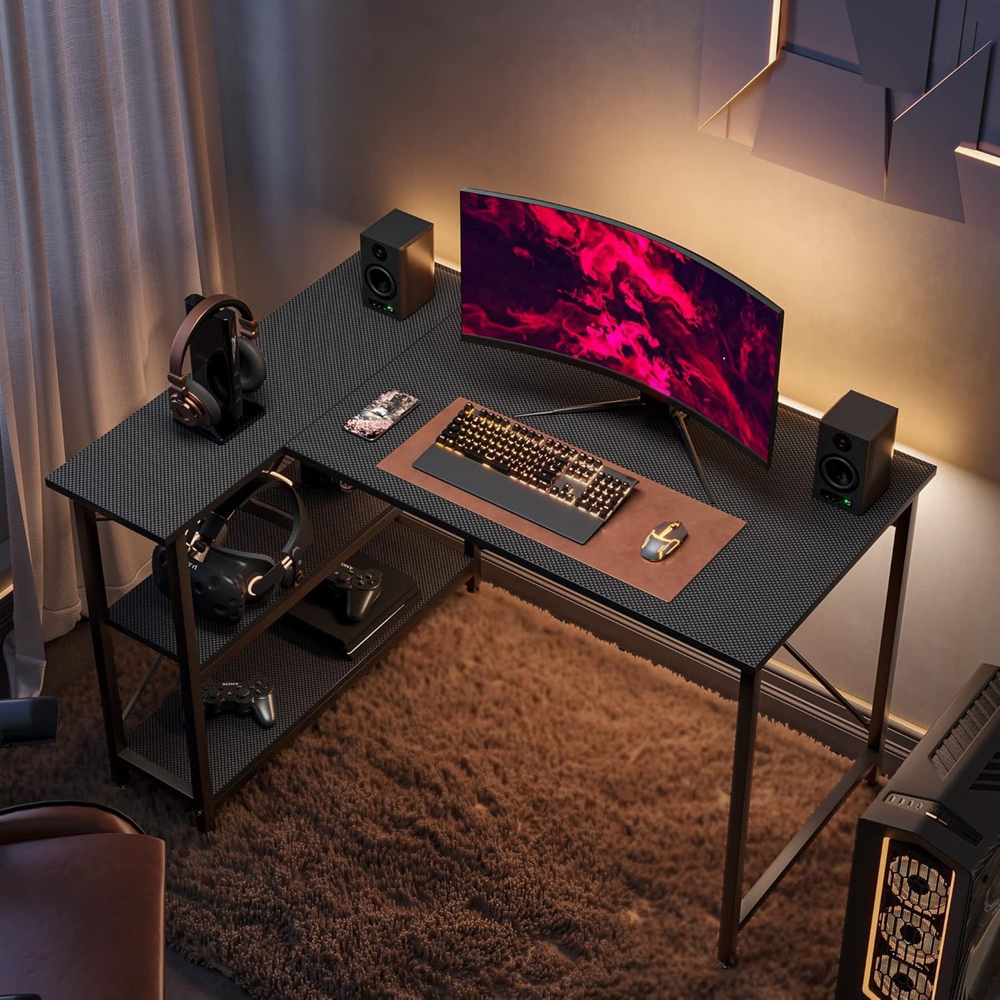 Small L Shaped Gaming Desk with Shelves 47 Inch Reversible Corner Computer Desk Writing Storage Table for Home Office Small Space, Carbon Fiber