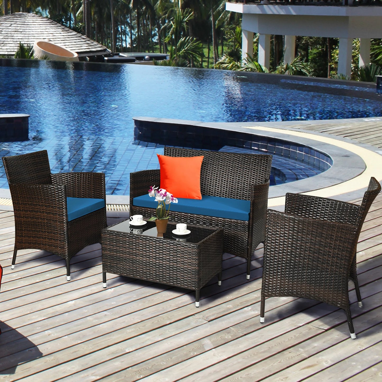 4PCS Rattan Patio Furniture Set Cushioned Sofa Chair Coffee Table Navy