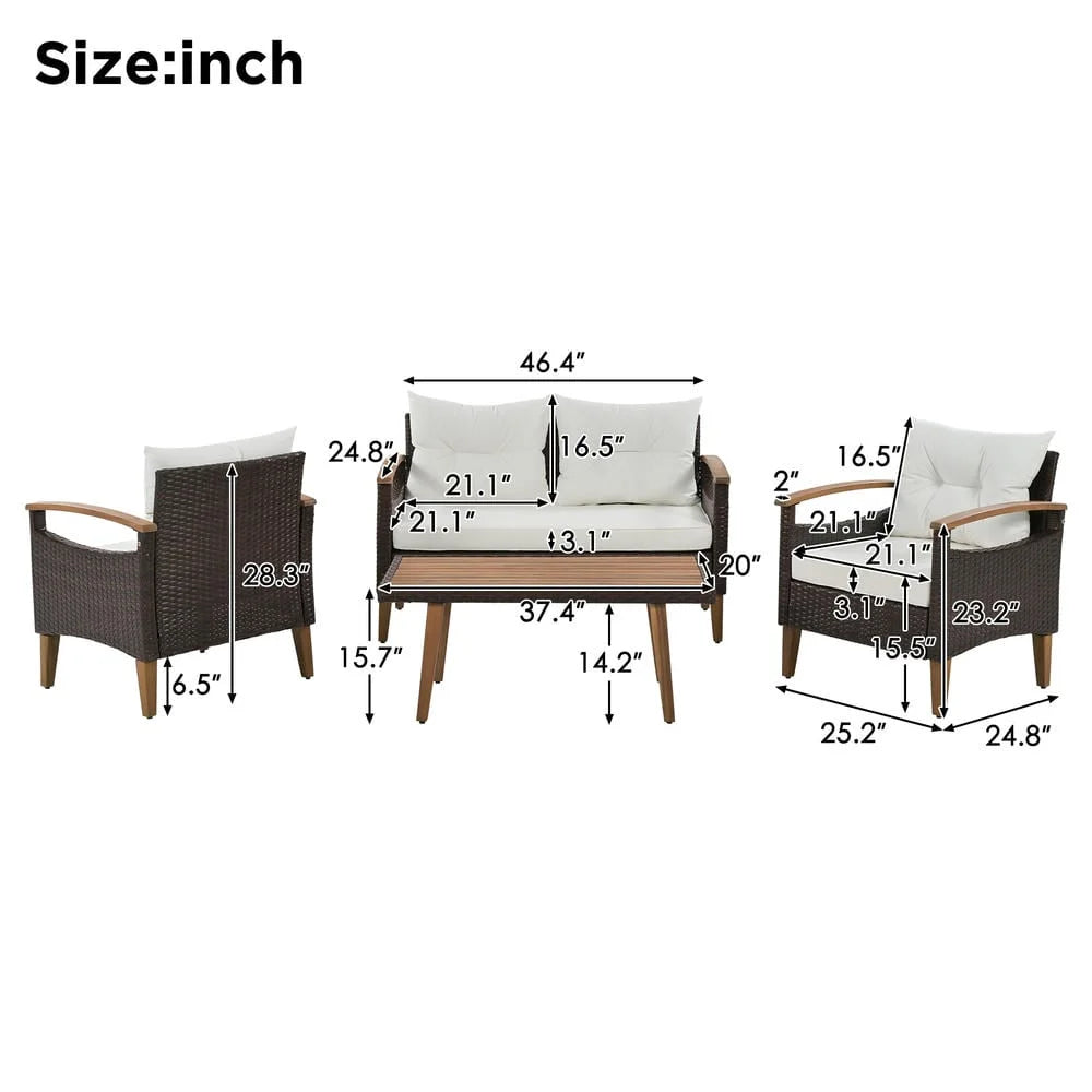 4-Piece Patio Seating Set, Patio Furniture Set, Patio Furniture Set, Wicker Garden Furniture with Wood Table and Legs, PE Rattan Outdoor Sofa Set for Balcony, Beige