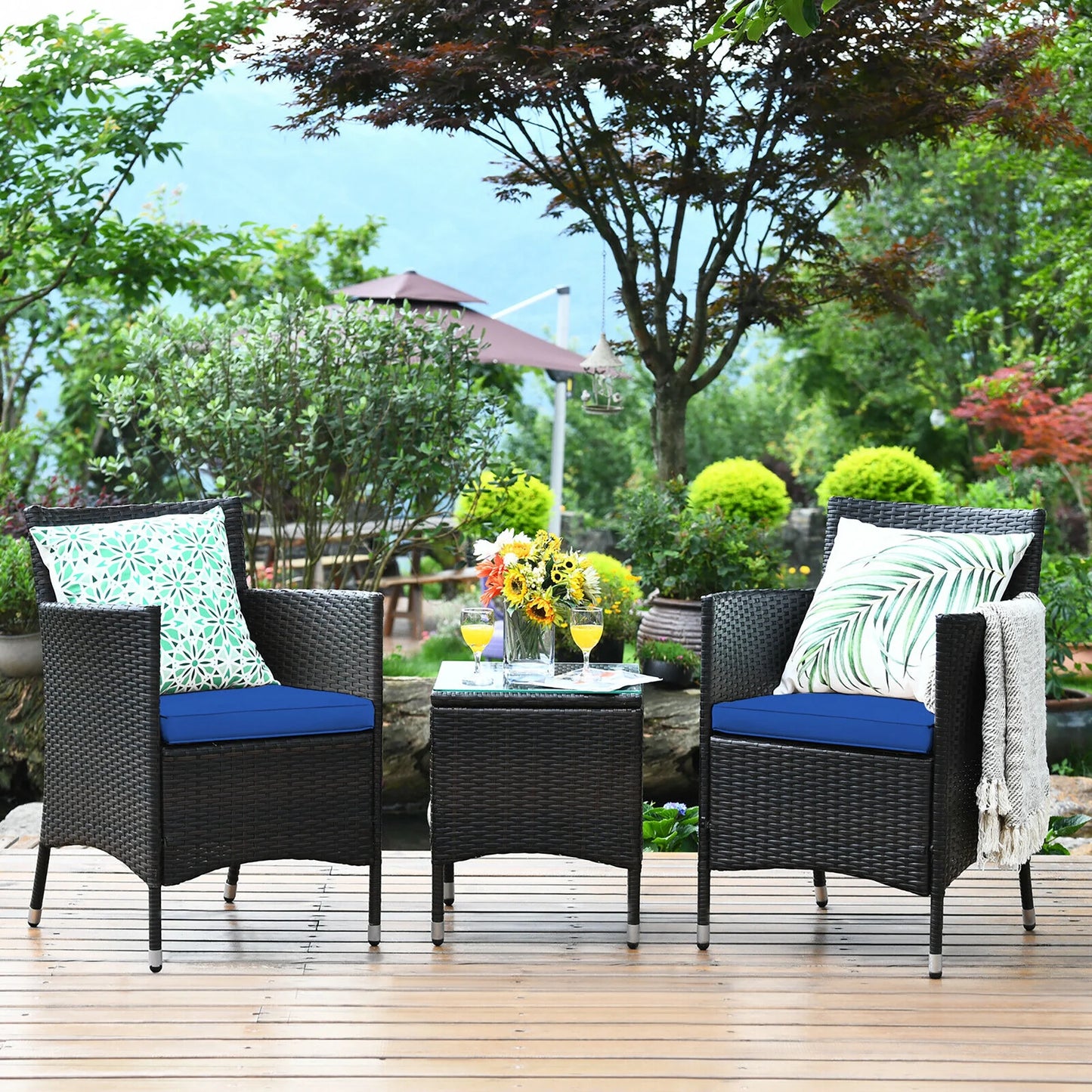 Outdoor 3 PCS PE Rattan Wicker Furniture Sets Chairs Coffee Table Garden Red
