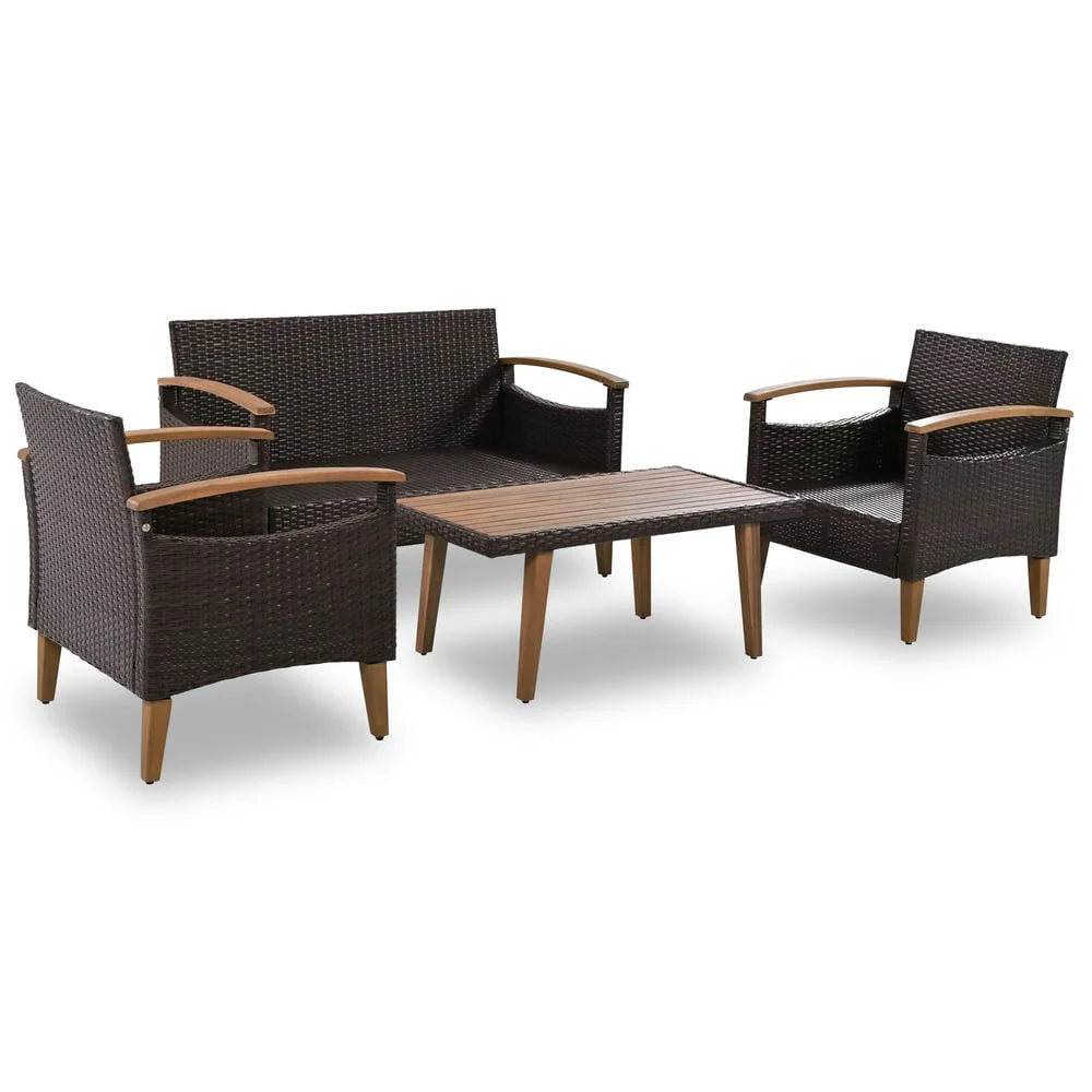 4-Piece Patio Seating Set, Patio Furniture Set, Patio Furniture Set, Wicker Garden Furniture with Wood Table and Legs, PE Rattan Outdoor Sofa Set for Balcony, Beige