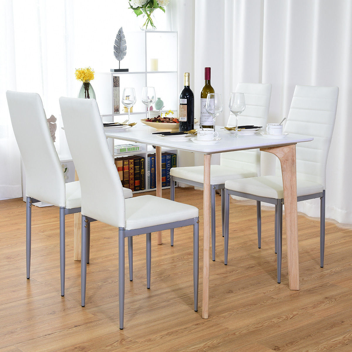 Set of 4 PU Leather Dining Side Chairs Elegant Design Home Furniture White