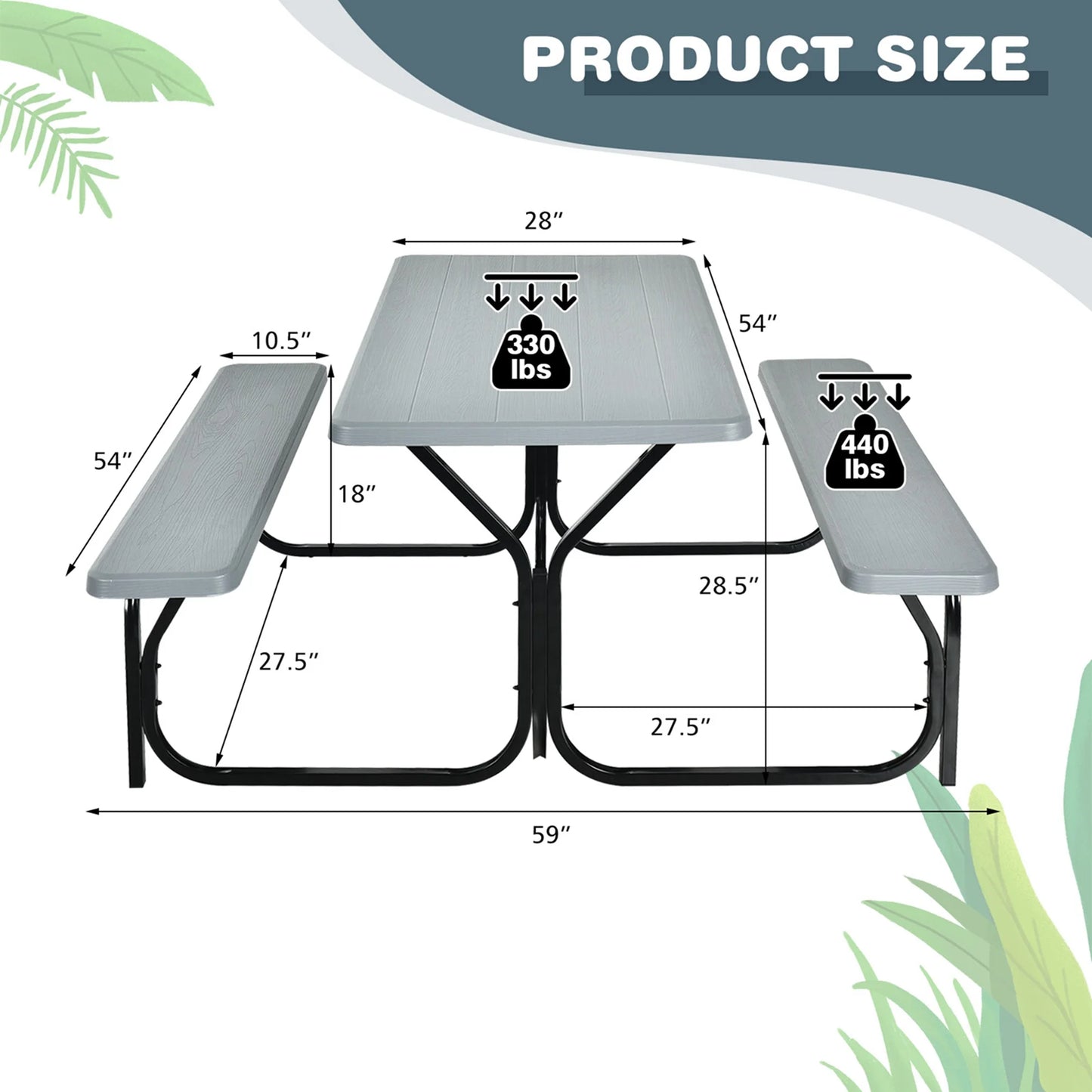 Gray Rectangle Metal Picnic Table Bench Set with Extension