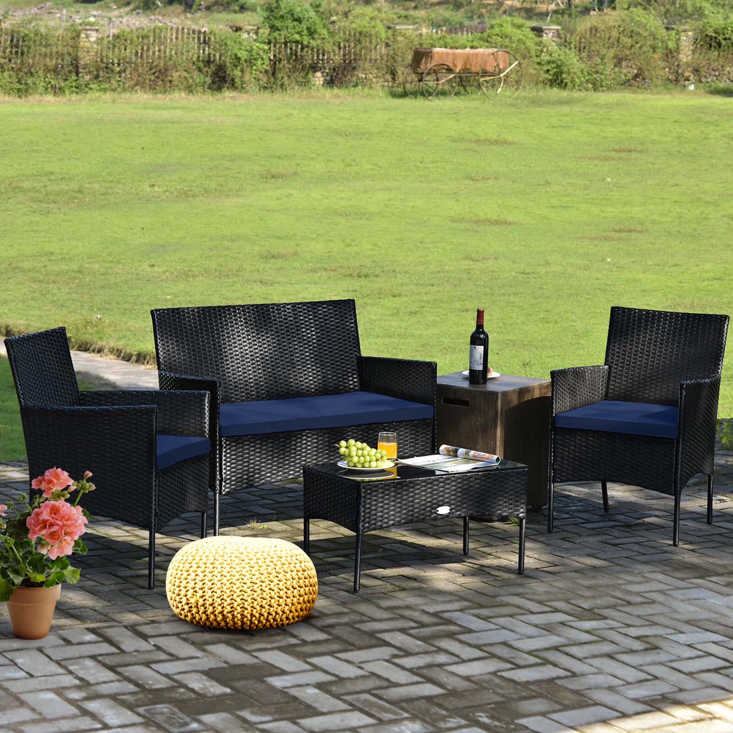 4PCS Patio Rattan Furniture Set Cushioned Sofa Coffee Table Backyard Porch Red