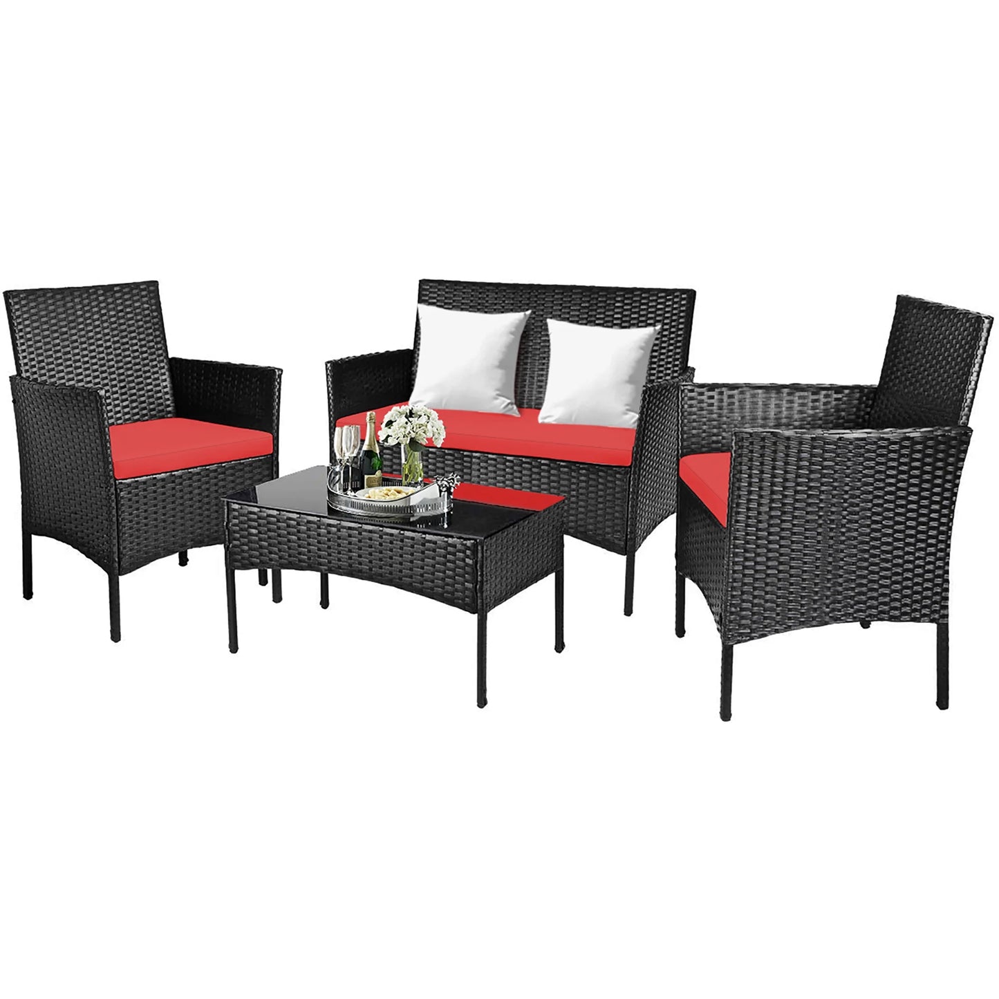 4PCS Patio Rattan Furniture Set Cushioned Sofa Coffee Table Backyard Porch Red