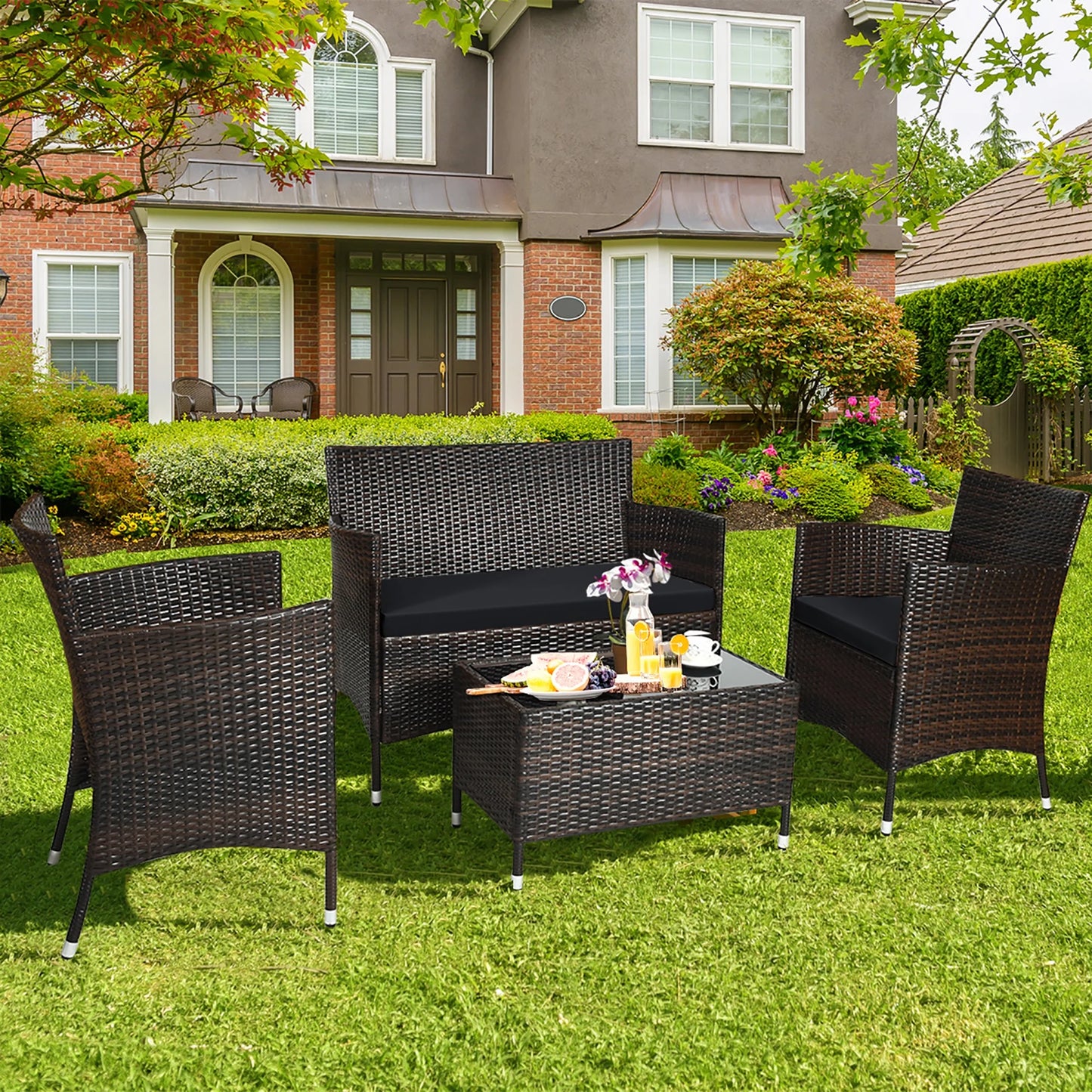 4PCS Rattan Patio Furniture Set Cushioned Sofa Chair Coffee Table Navy
