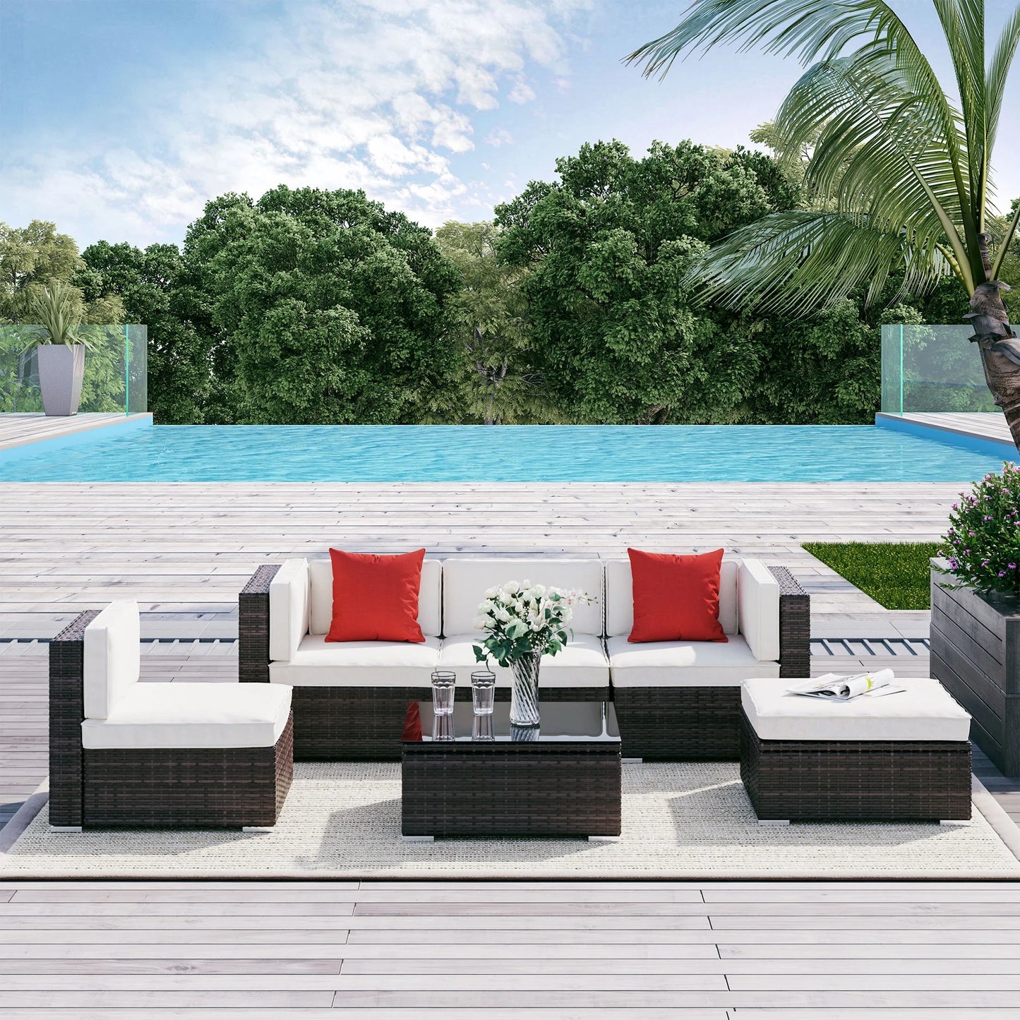 6 Pieces Patio Furniture Sets Outdoor Wicker All Weather PE Rattan Sectional Sofa Set with Ottoman, Cushions & Tempered Glass Desktop, Gray