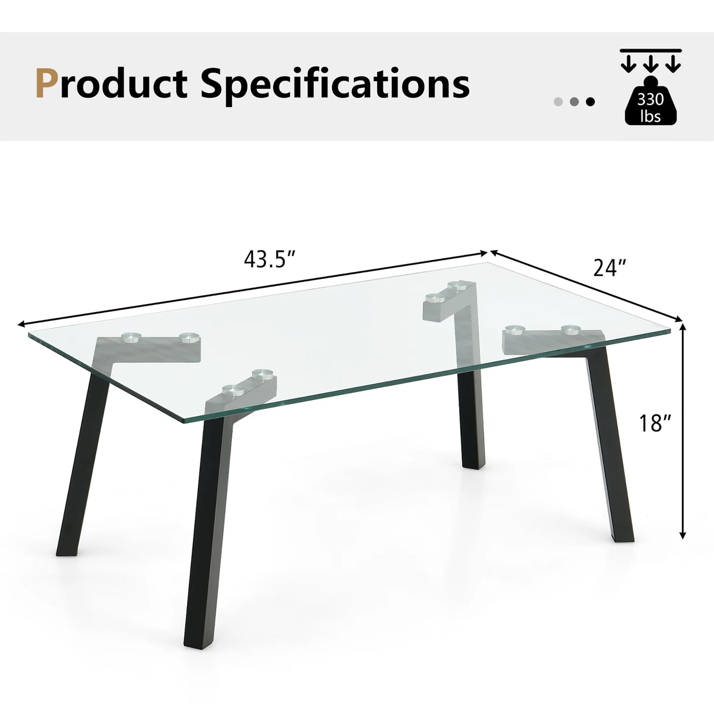Tempered Glass Coffee Table Modern Center Table with Metal Frame for Living Room