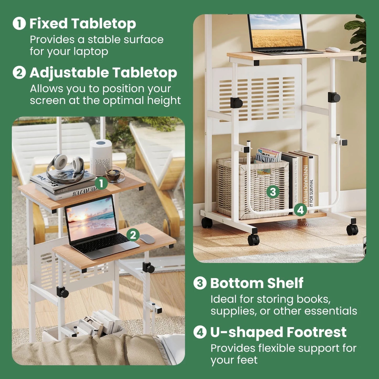 Adjustable Standing Desk with Footrest Mesh Panel Lockable Wheels Sit Home Office