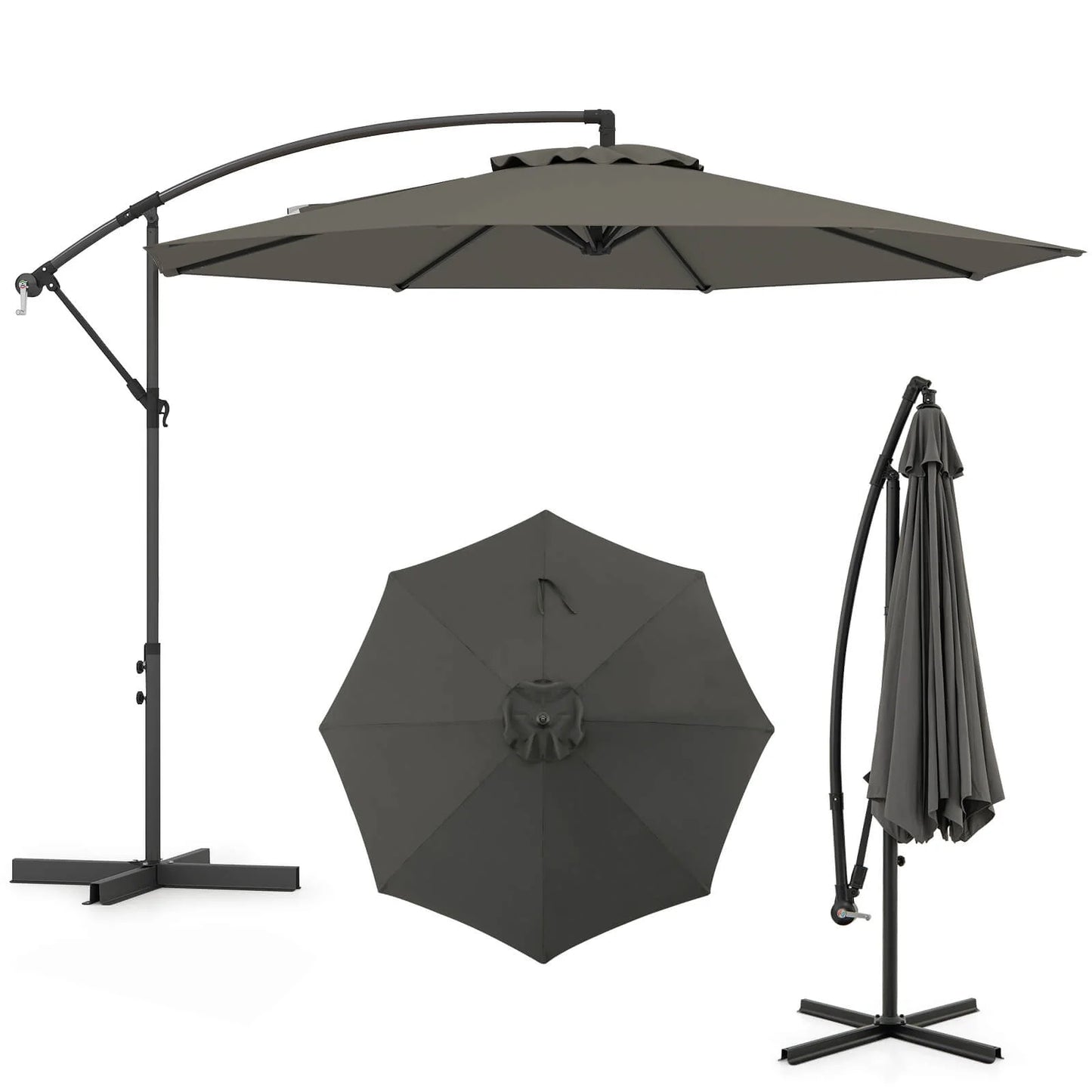 10 FT Patio Offset Umbrella W/8 Ribs Cross Base Tilt Grey