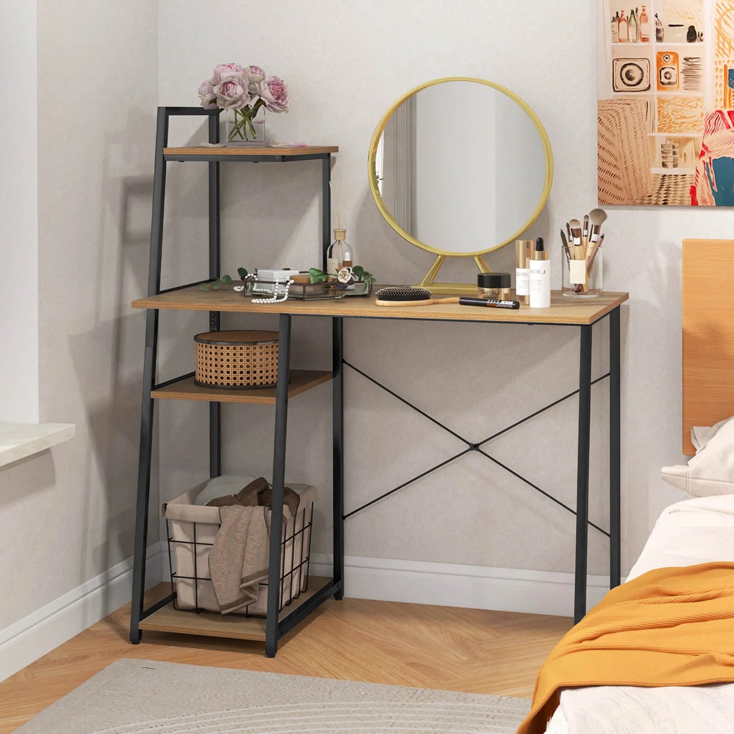 Home Office Desk with Bookshelf Host Stand Metal Frame Study Writing Desk