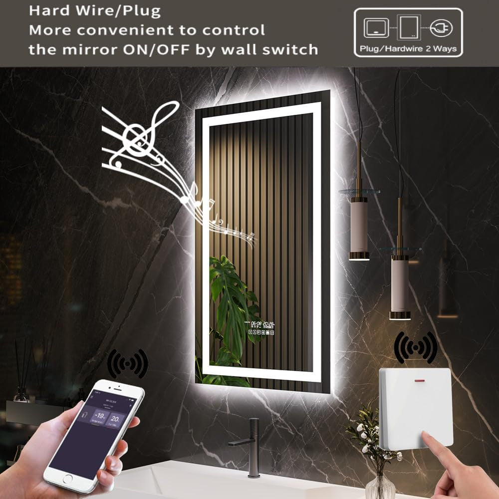 24"X36" Bathroom LED Mirror with Wireless Speaker Wall Switch - Lighted Vanity Mirrors for Bathroom Wall Mounted Backlit, Dimmable Light 3000K/6000K Anti-Fog Makeup Smart Mirror (Vertical)