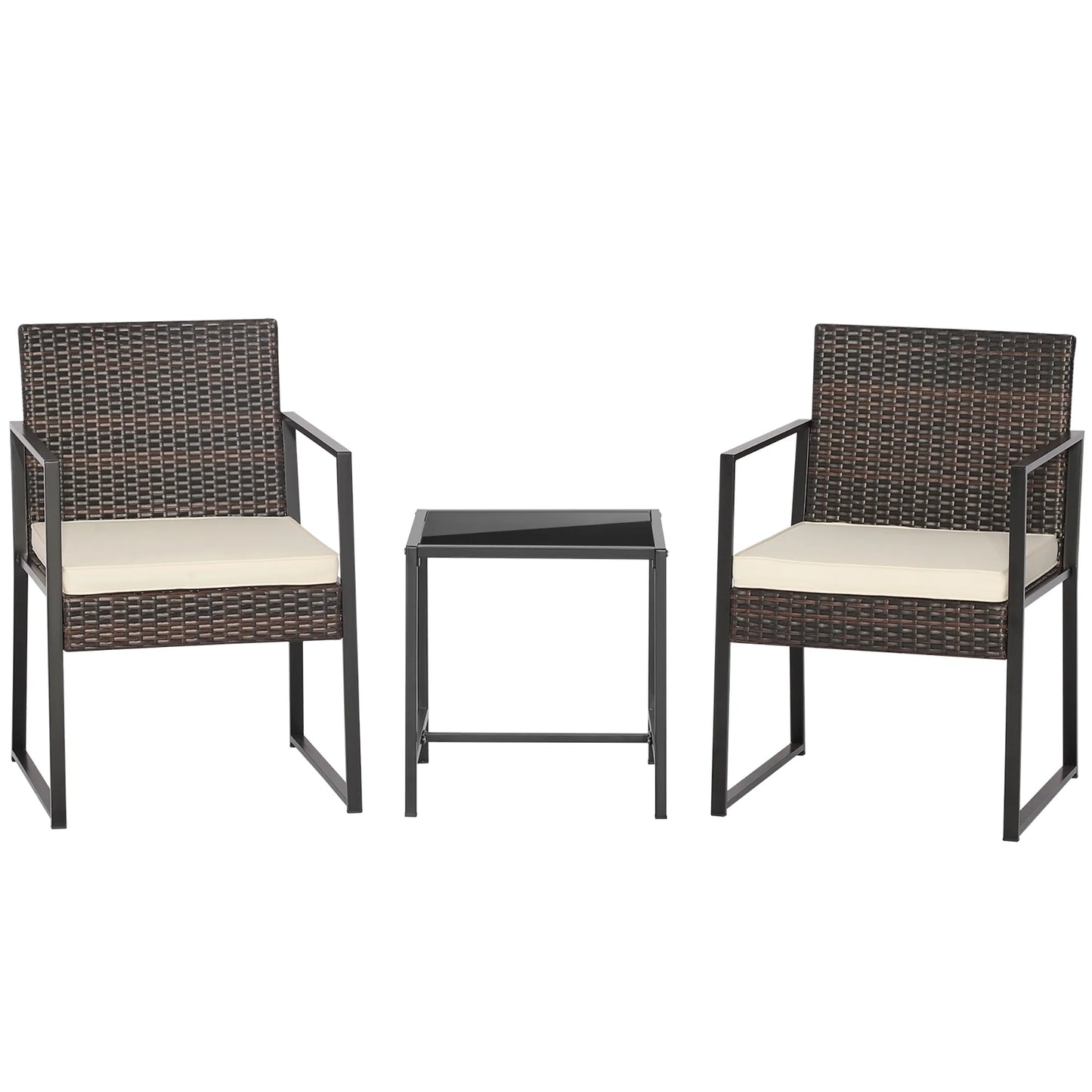 3Pcs Patio Furniture Set Heavy Duty Cushioned Wicker Rattan Chairs Table