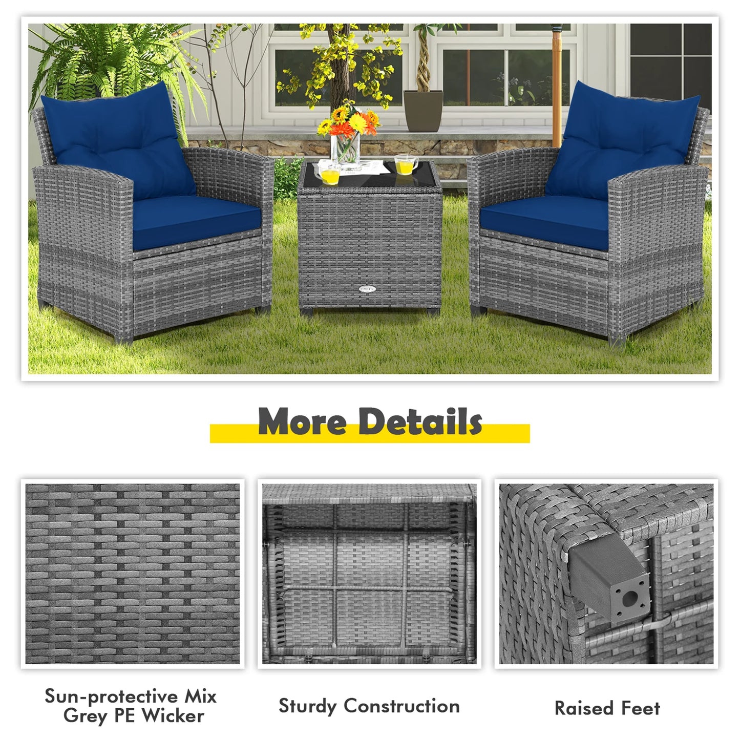 3PCS Patio Rattan Furniture Bistro Set Cushioned Sofas Side Table Armrest Navy
