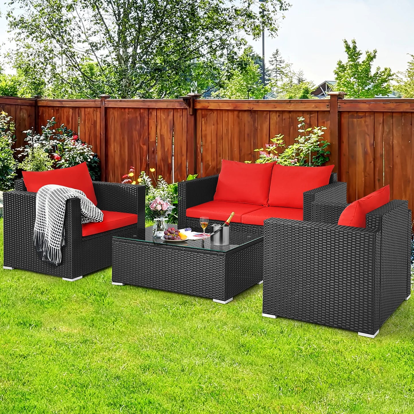 4 PCS Patio Rattan Furniture Set Cushioned Sofa Chair Coffee Table Blue