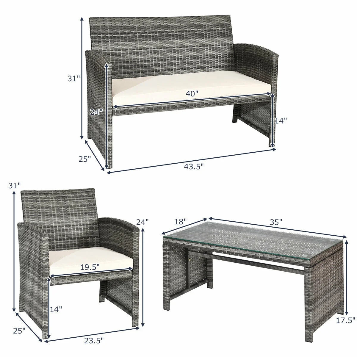 4PCS Rattan Patio Furniture Set Garden Sofa Cushioned Seat Mix Gray Wicker