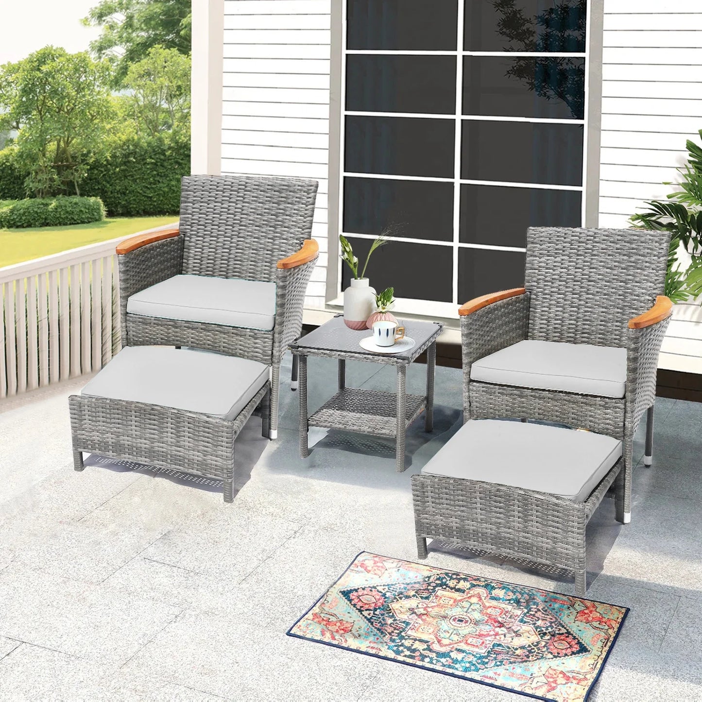 5 Piece Outdoor Patio Furniture Set with Table&Ottoman Outdoor Furniture Patio Set Bistro Wicker Patio Set (Brown Wicker&Khaki Cushion)