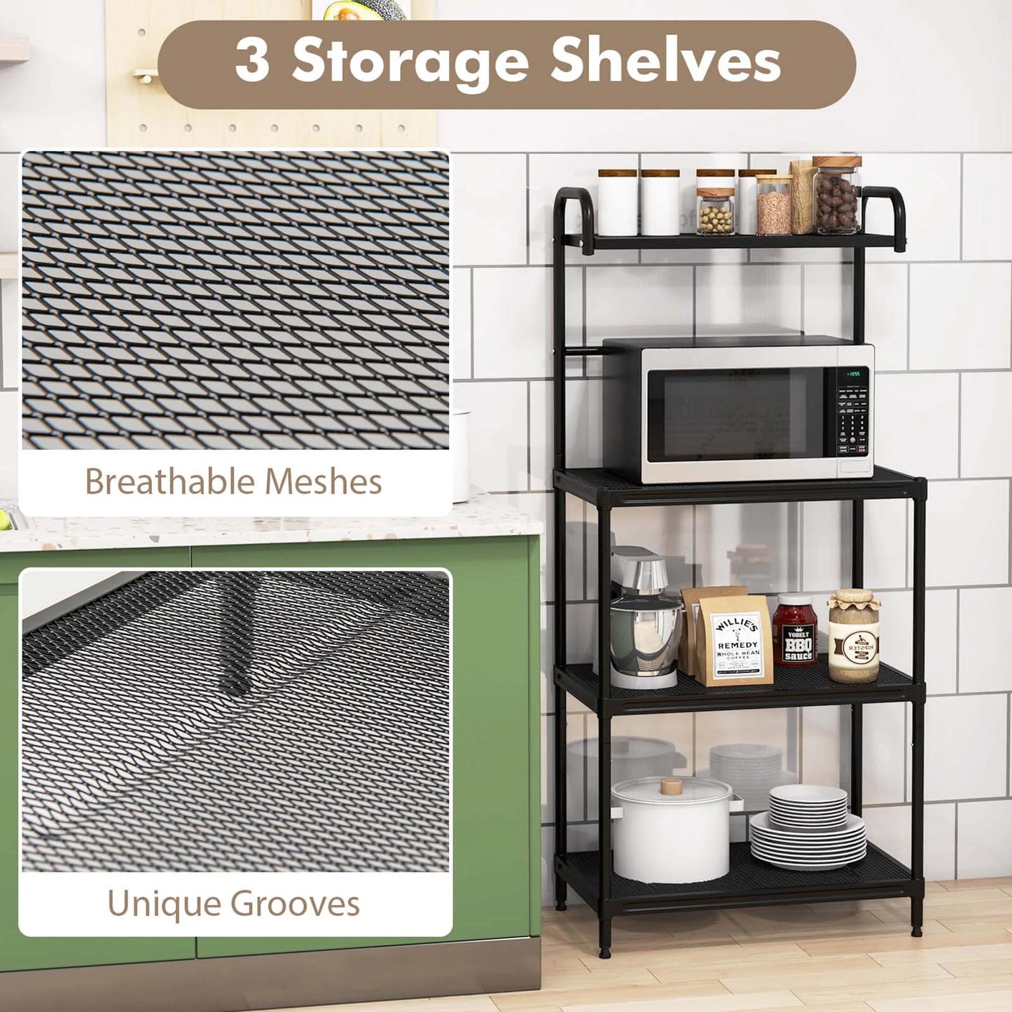 4-Tier Baker'S Rack Microwave Oven Rack Shelves Kitchen Storage Organizer Black