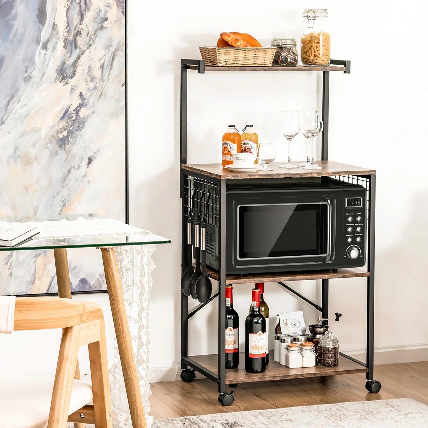 4-Tier Rolling Bakers Rack Industrial Utility Microwave Oven Stand Cart W/ Hooks