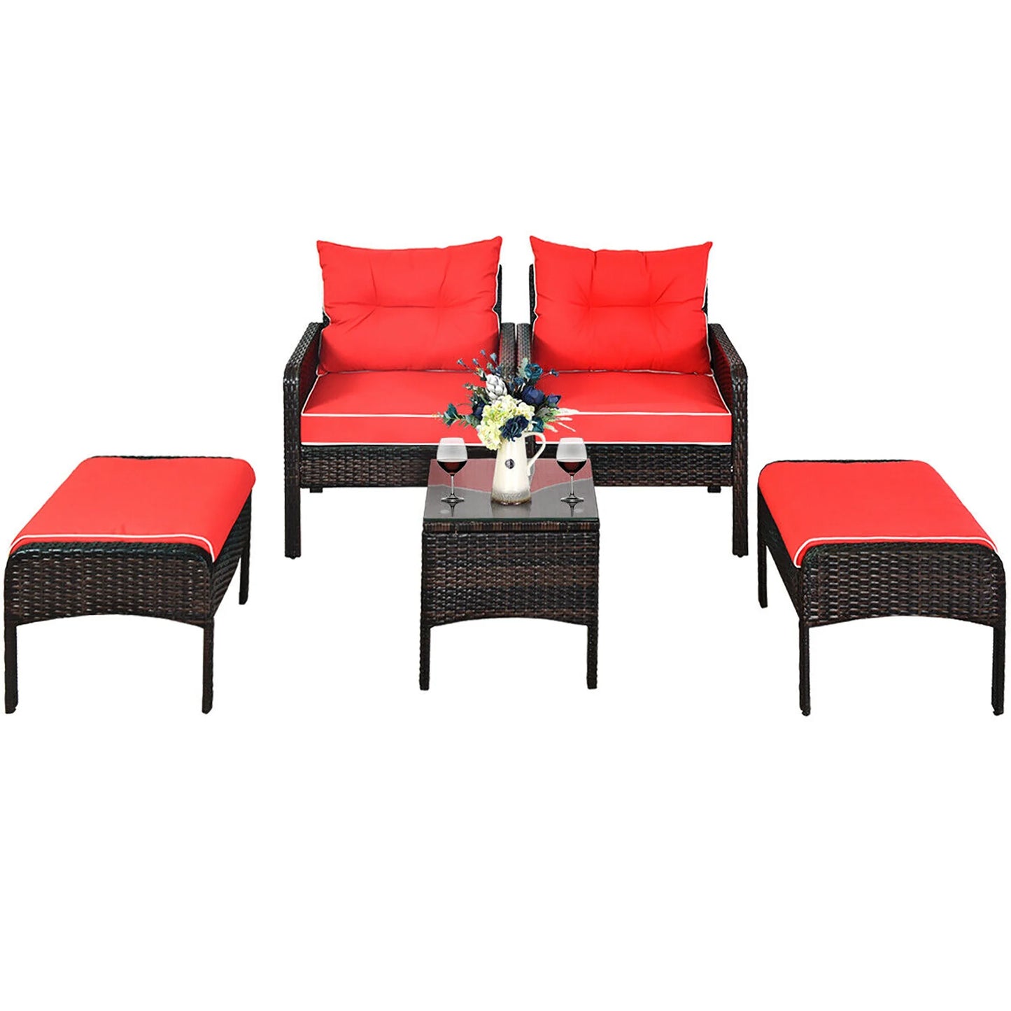 5 PCS Patio Rattan Furniture Set Sofa Ottoman Table Cushioned Yard Red
