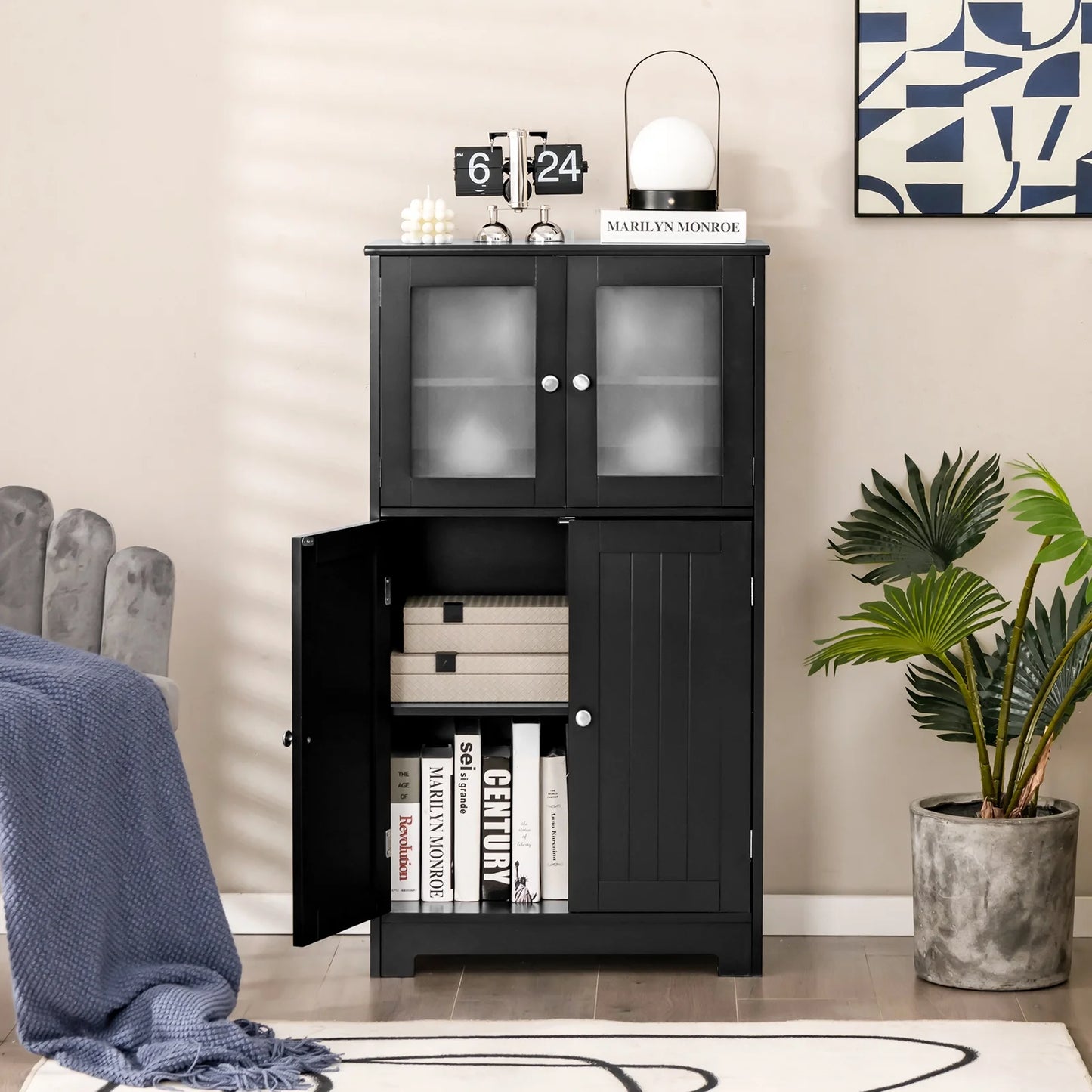 Bathroom Floor Storage Cabinet Kitchen Cupboard W/Doors&Adjustable Shelf Black