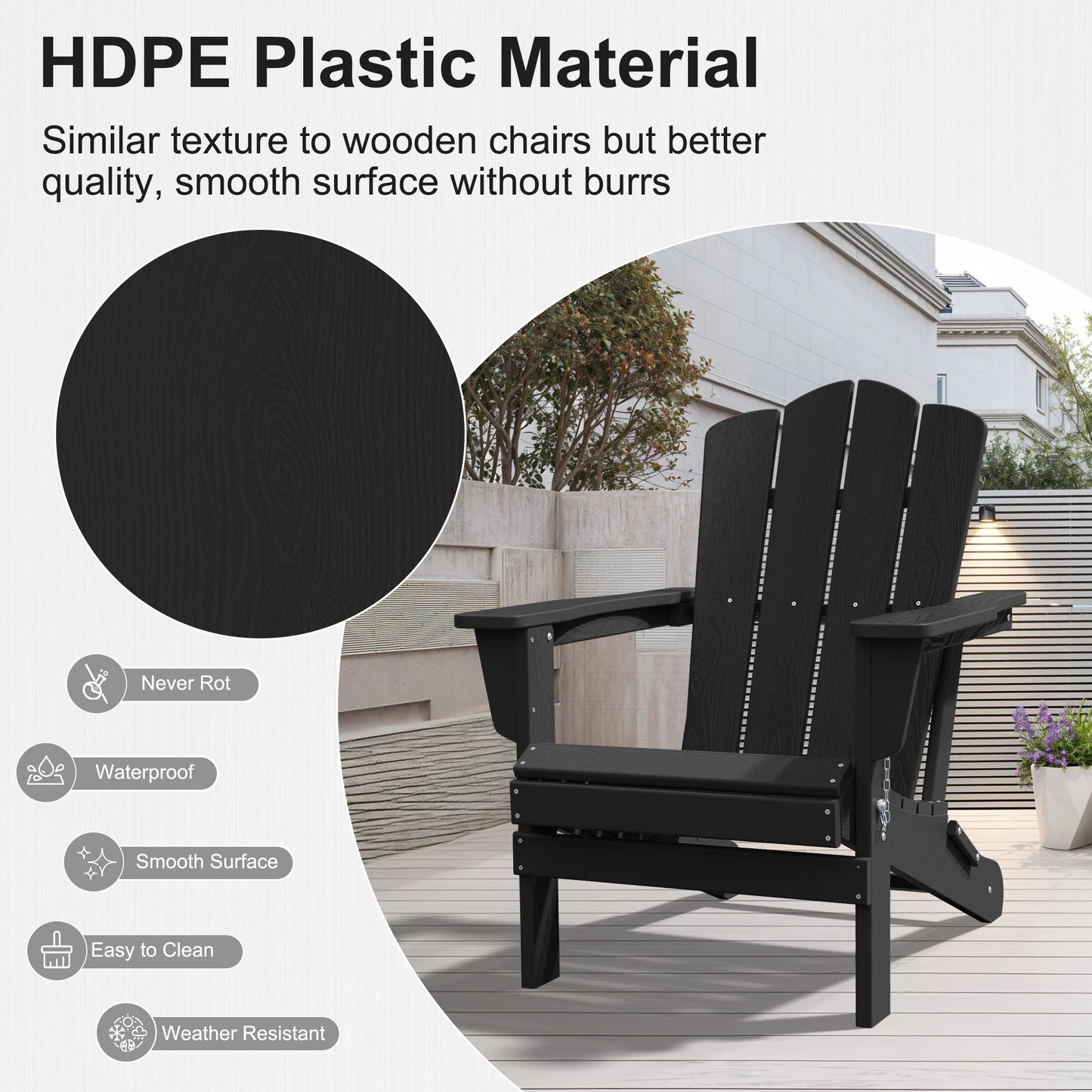 Adirondack Chair, Plastic Folding Outdoor Patio Lawn Chairs, outside HDPE Chairs for Lawn, Yard, Black