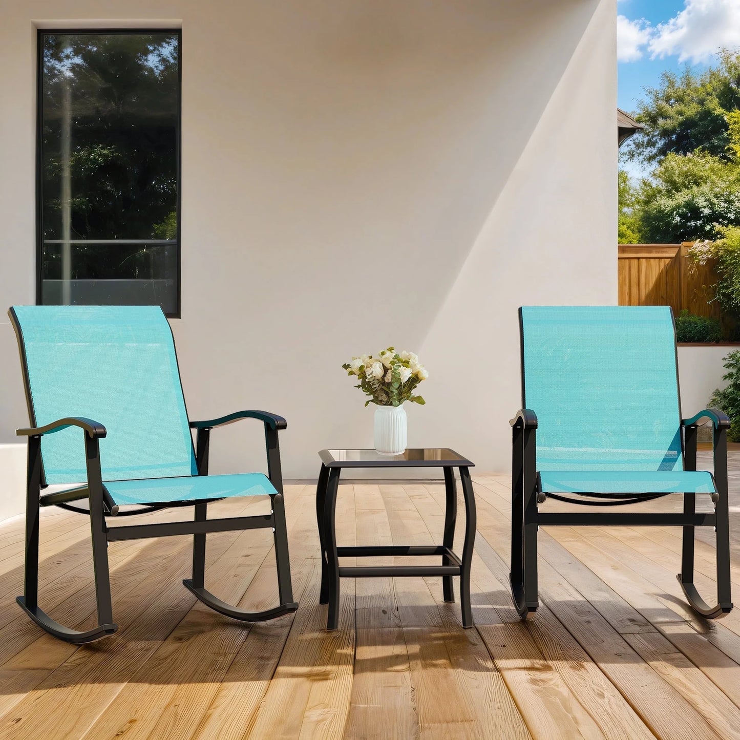 3 Pieces Rocking Bistro Patio Furniture Rocker Set with 2 Outdoor Rocking Chairs and 1 Glass Coffee Table for Porch Deck Lawn,Deep Blue