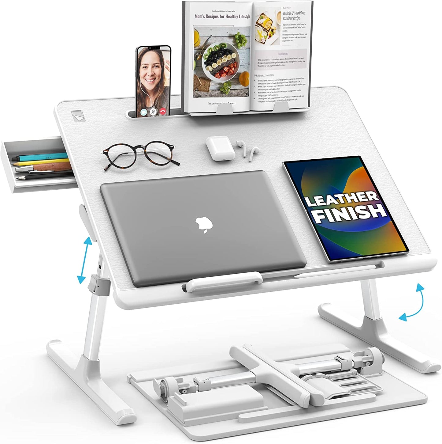 Deskpro XL 23.6" Ergonomic Adjustable Laptop Bed Desk, Laptop Bed Table | Tray for Eating, Computer, Writing, Floor, Couch | Large Lap Desk for Adults | Leather, Drawer, Book Stand (Black)