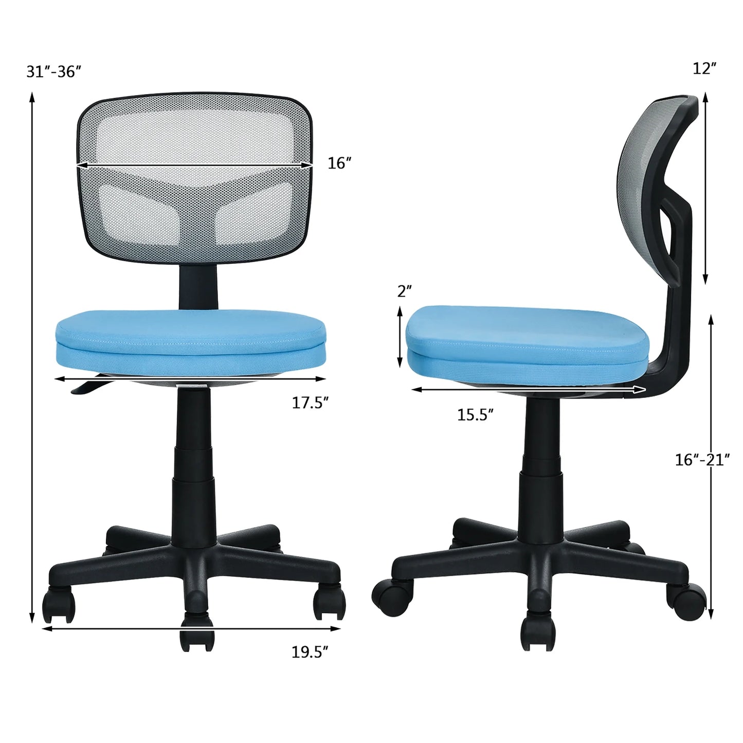 Armless Office Chair Adjustable Swivel Computer Mesh Desk Chair Blue
