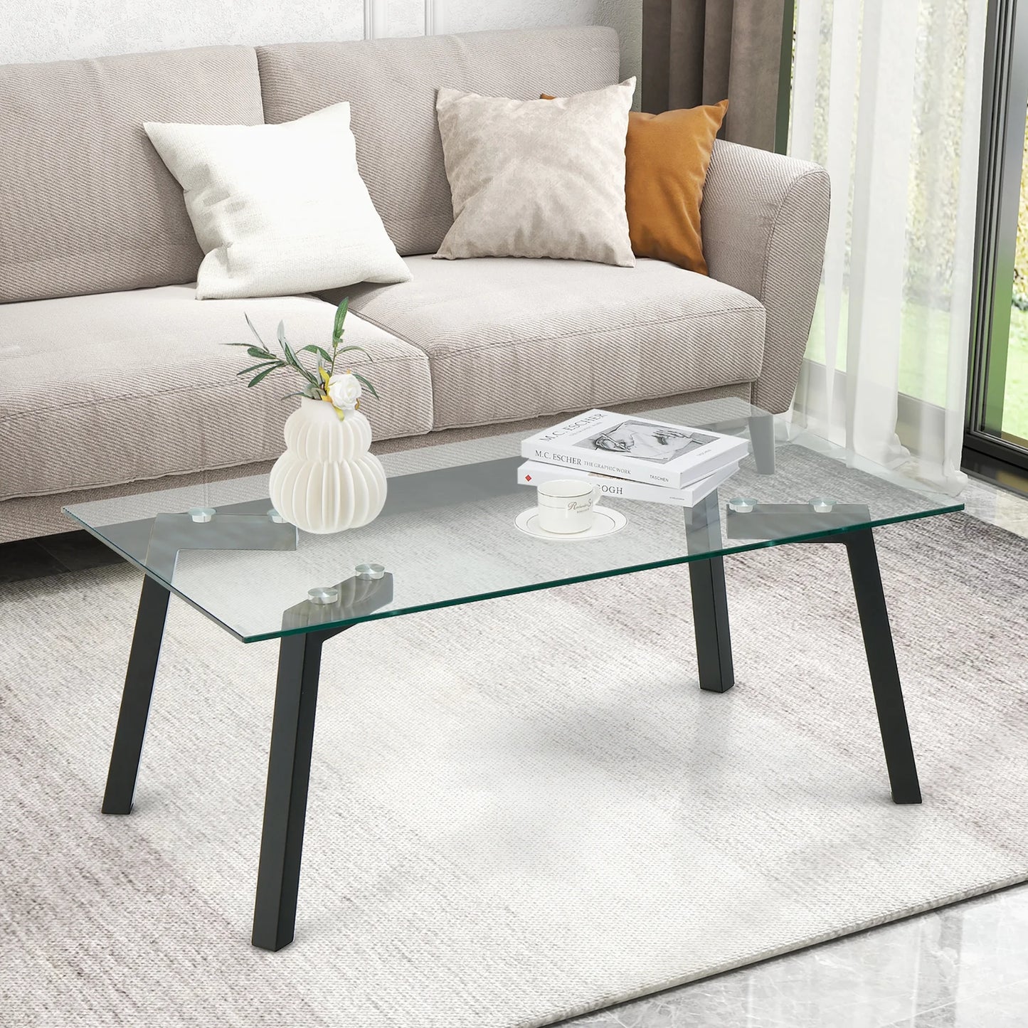 Tempered Glass Coffee Table Modern Center Table with Metal Frame for Living Room