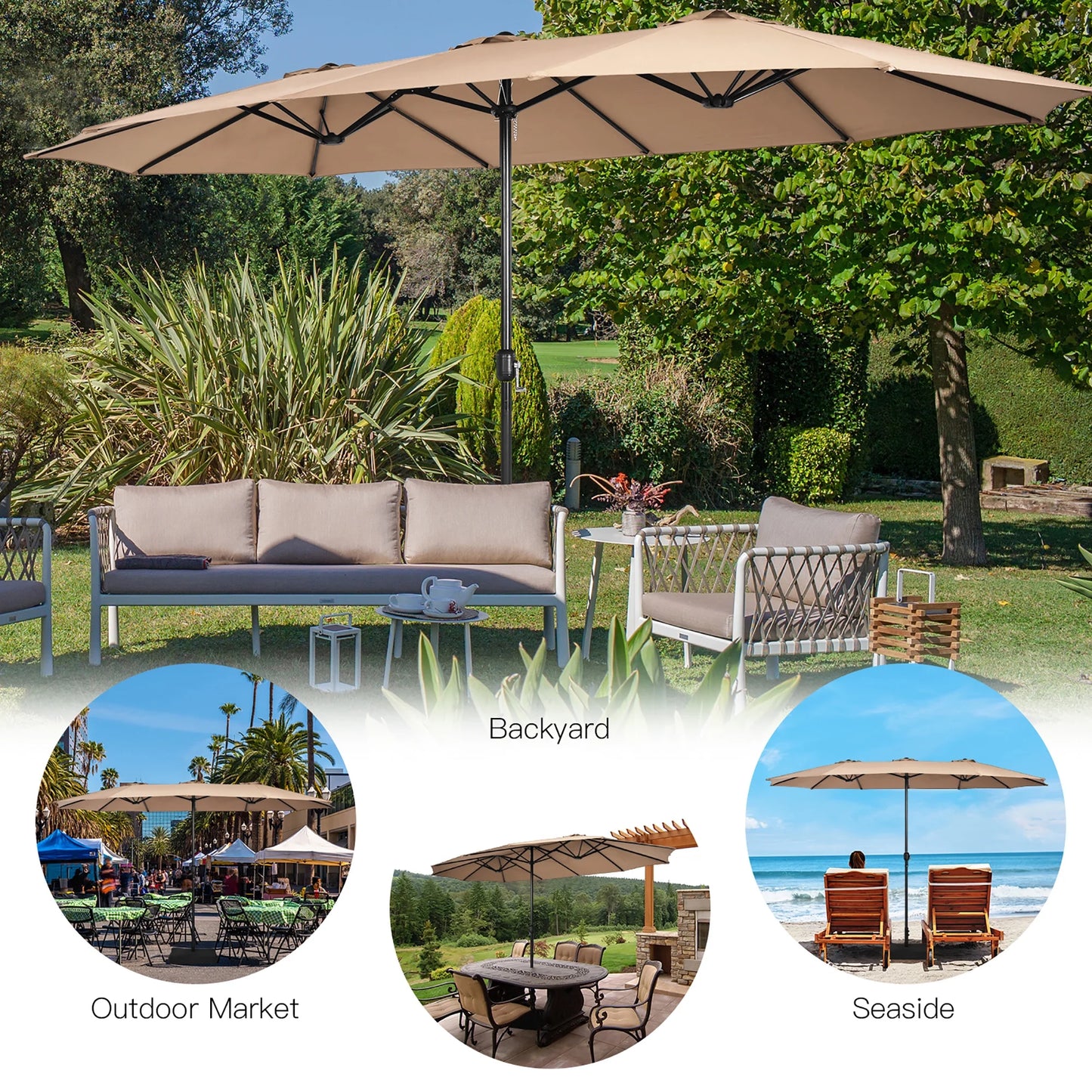 96" Coffee Rectangle Market Patio Umbrellas, Water-Resistant