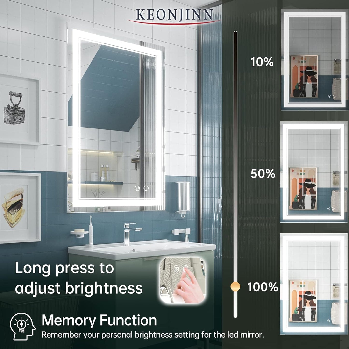 LED Mirror for Bathroom, 36 X 24 Inch, Wall Mounted, Dimmable, Anti-Fog, IP54 Waterproof, 3 Year Warranty