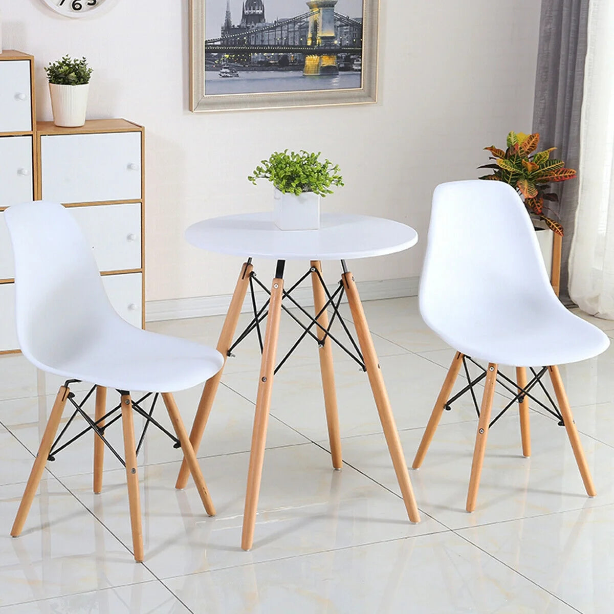 Set of 2 Mid Century Modern Style Dining Side Chair Wood Leg White