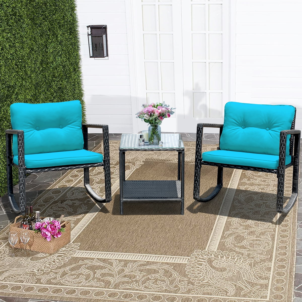 3PCS Patio Rattan Furniture Set Rocking Chairs Cushioned Sofa Gray