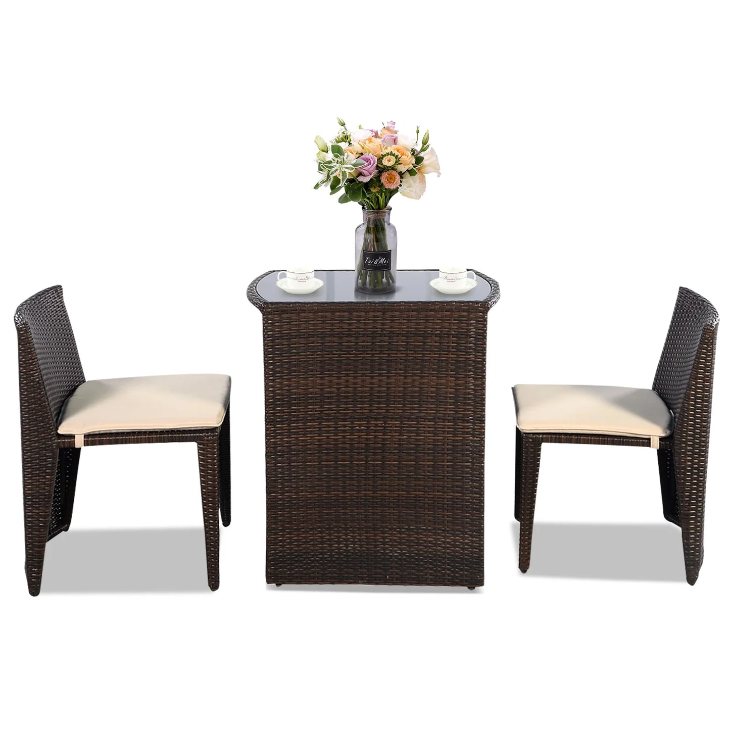 3 PCS Cushioned Outdoor Wicker Patio Set Garden Lawn Sofa Furniture Seat Brown No Assembly