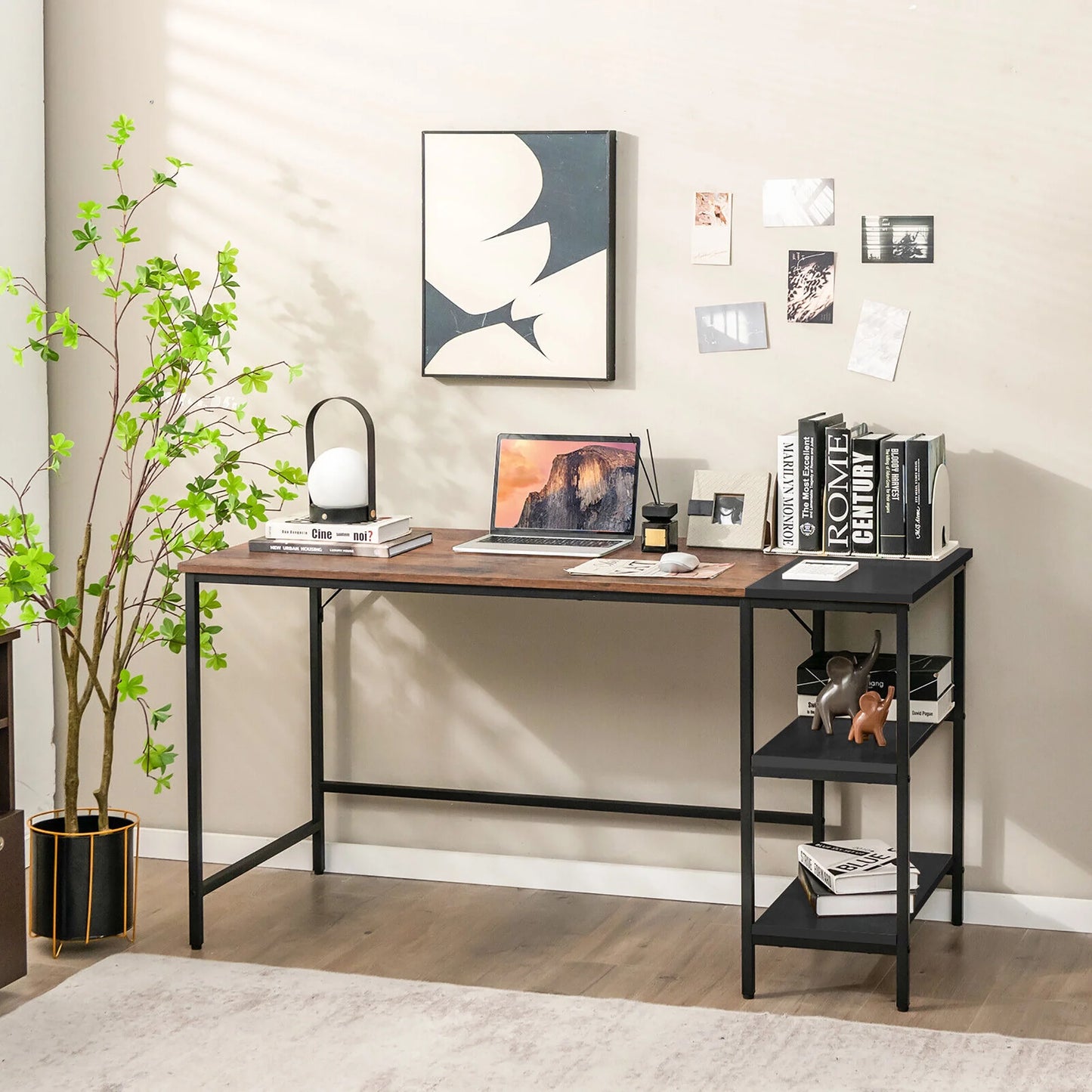 55'' Computer Desk Writing Workstation Study Table Home Office with Bookshelf Rustic