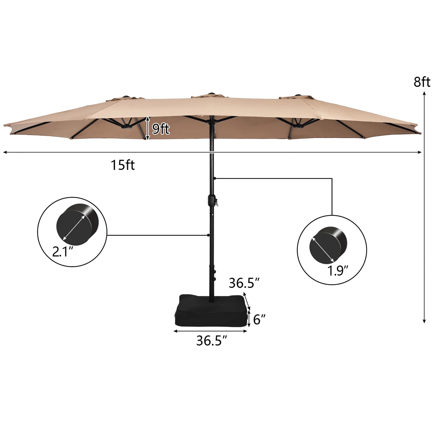 96" Coffee Rectangle Market Patio Umbrellas, Water-Resistant