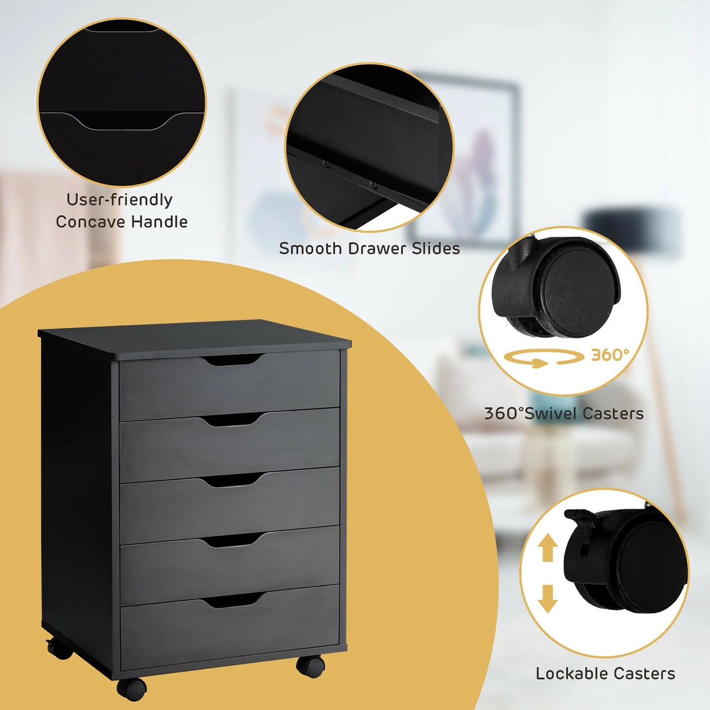 5 Drawer Chest Storage Dresser Floor Cabinet Organizer with Wheels Black