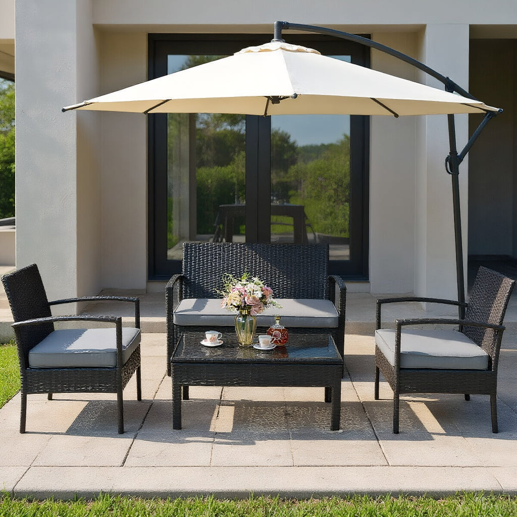 4-Piece Patio Seating Set, Patio Furniture Set, Patio Furniture Set, Wicker Garden Furniture with Wood Table and Legs, PE Rattan Outdoor Sofa Set for Balcony, Beige