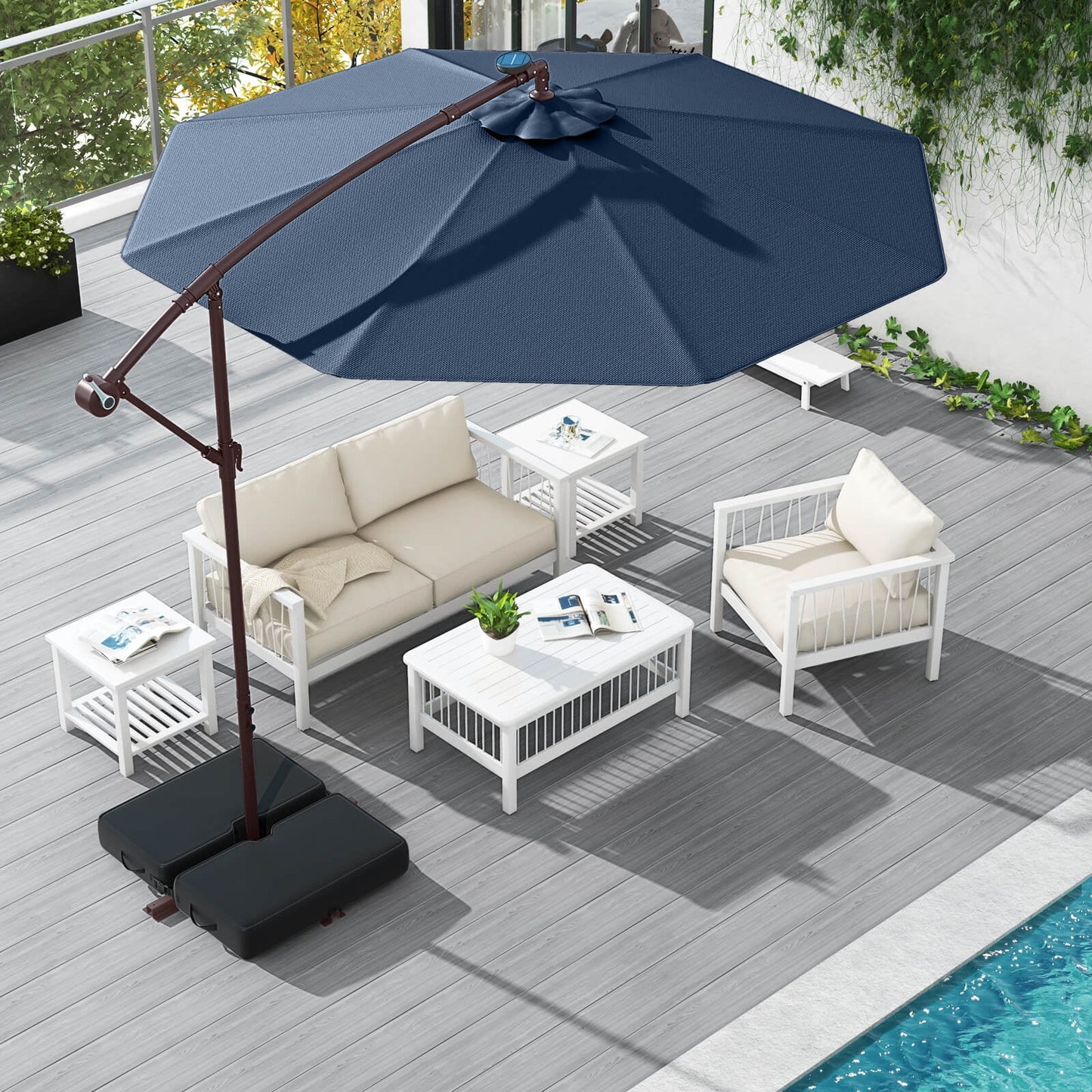 98.40" Navy Cantilever Patio Umbrella, Base-Included