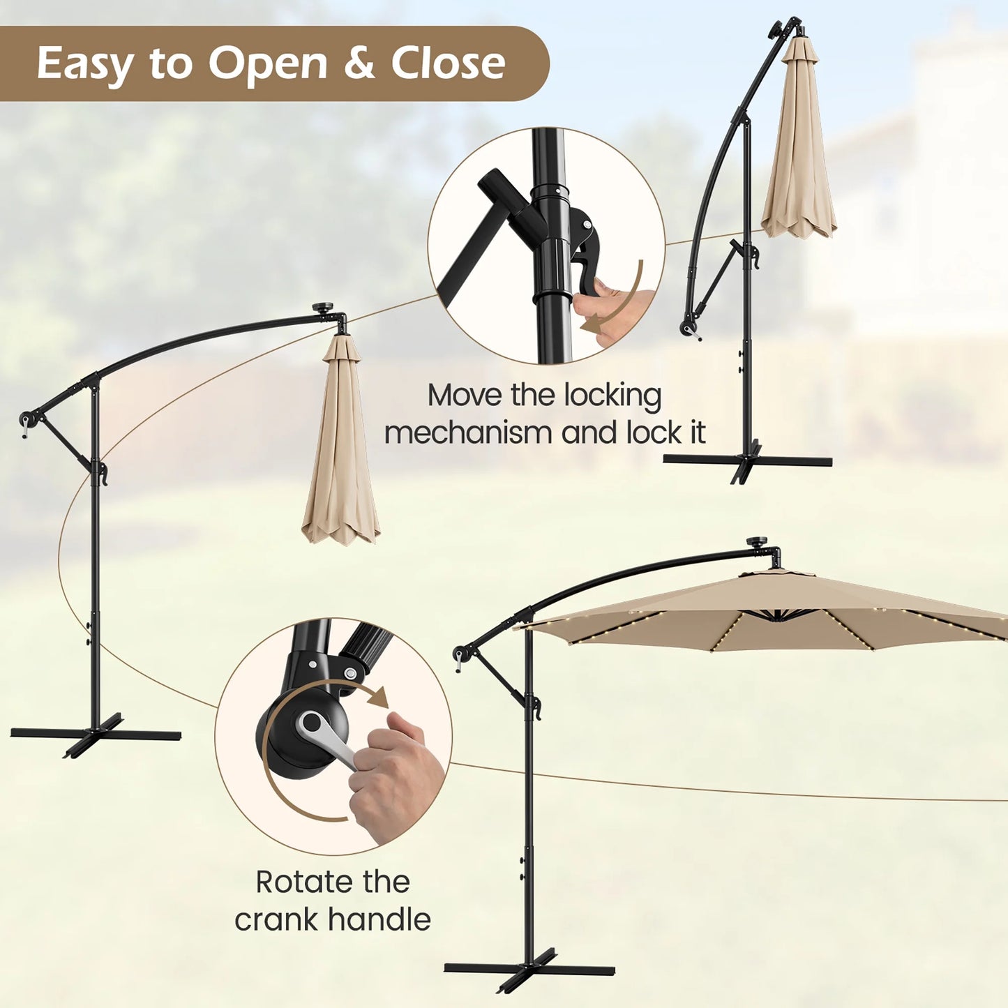 10FT Patio Solar-Lighted 112 LED Cantilever Offset Umbrella Crank Tilt Outdoor Beige