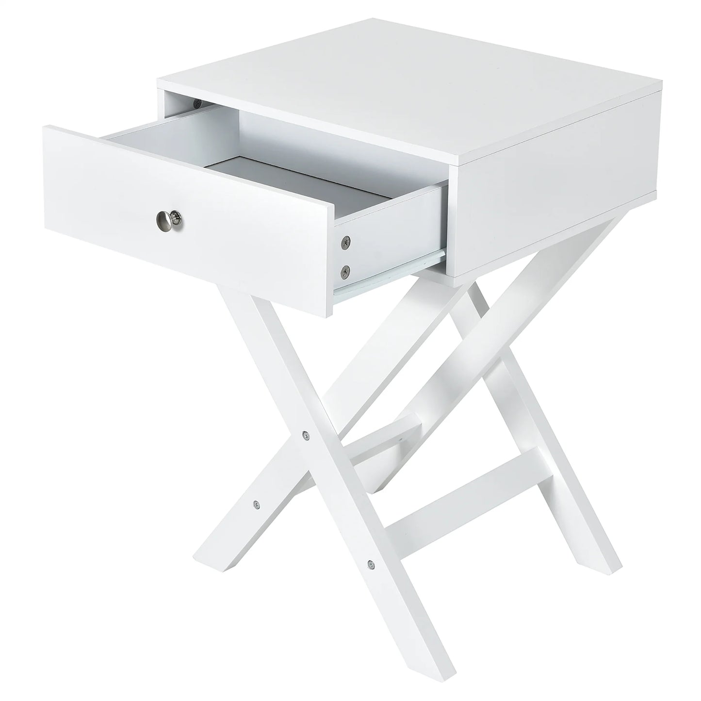 Side Nightstand with Drawer X Shaped Structure Accent Sofa End Table White