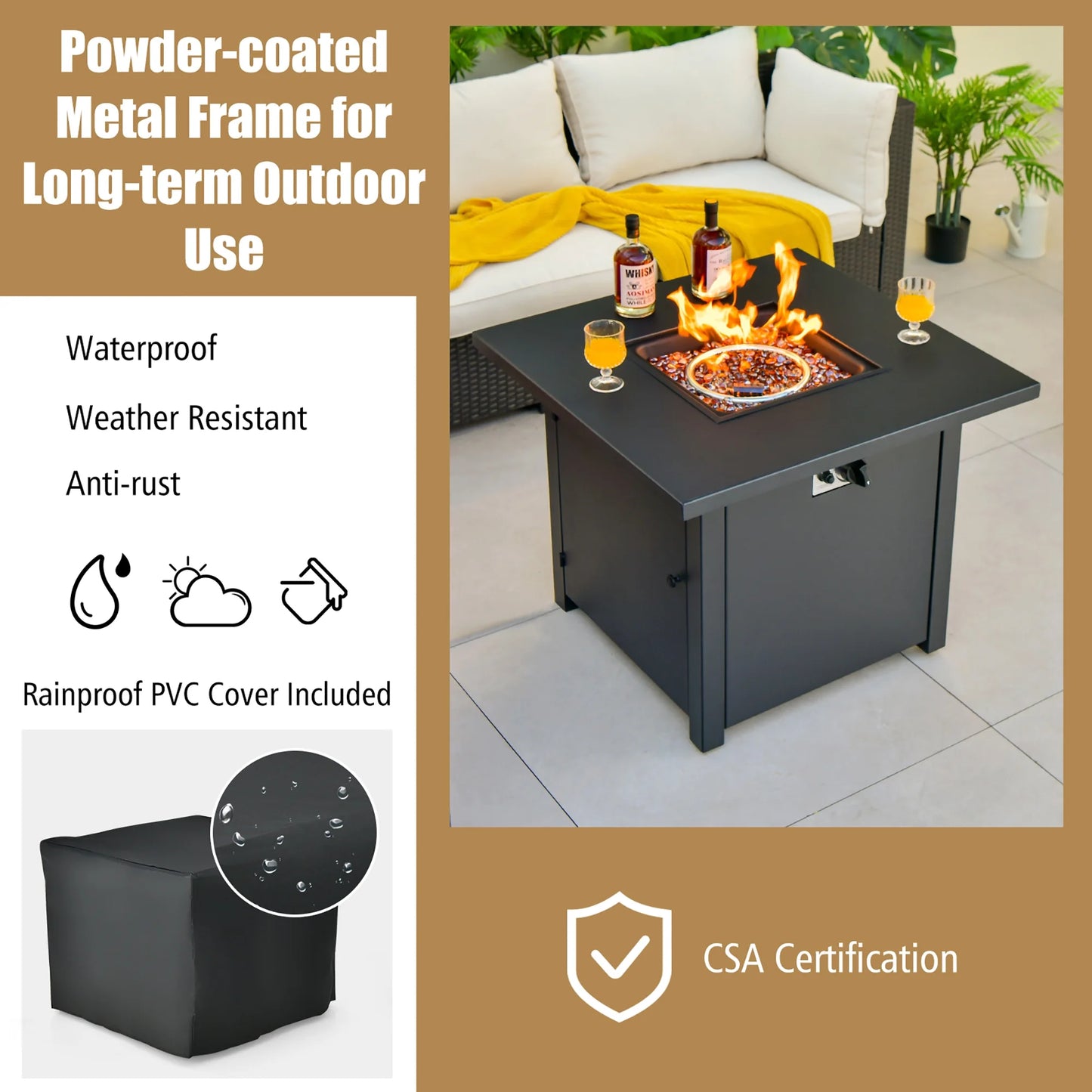 32'' Square Propane Gas Fire Pit Table with Glass Stones Rain Cover 50,000 BTU