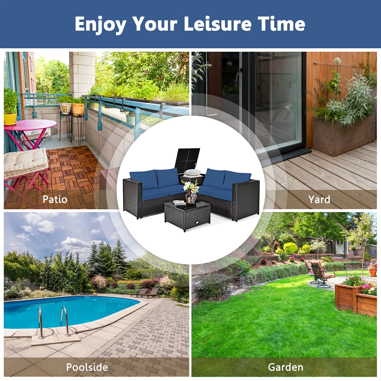 4PCS Patio Rattan Furniture Set Cushioned Loveseat Storage Table Navy