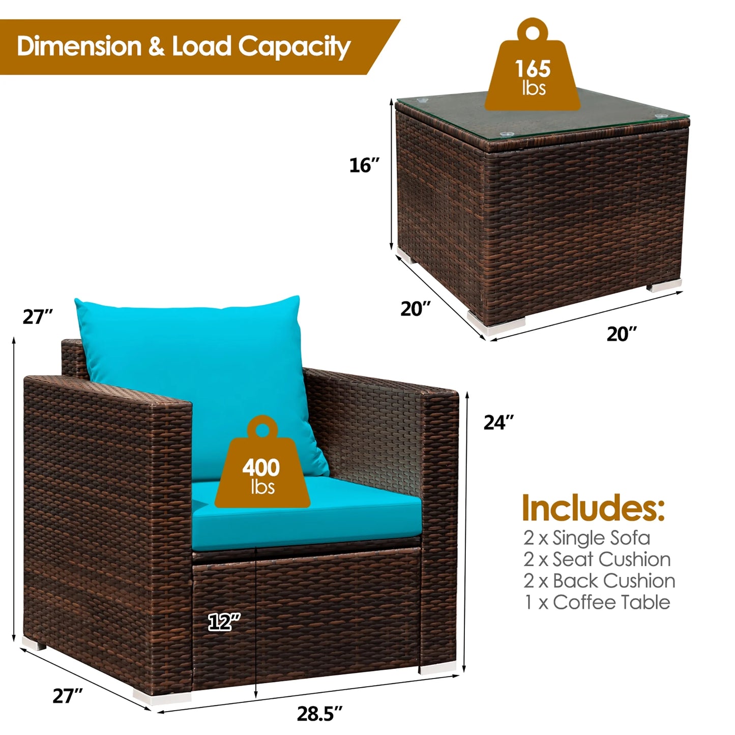 3PCS Patio Rattan Furniture Set Conversation Sofa Cushioned Turquoise