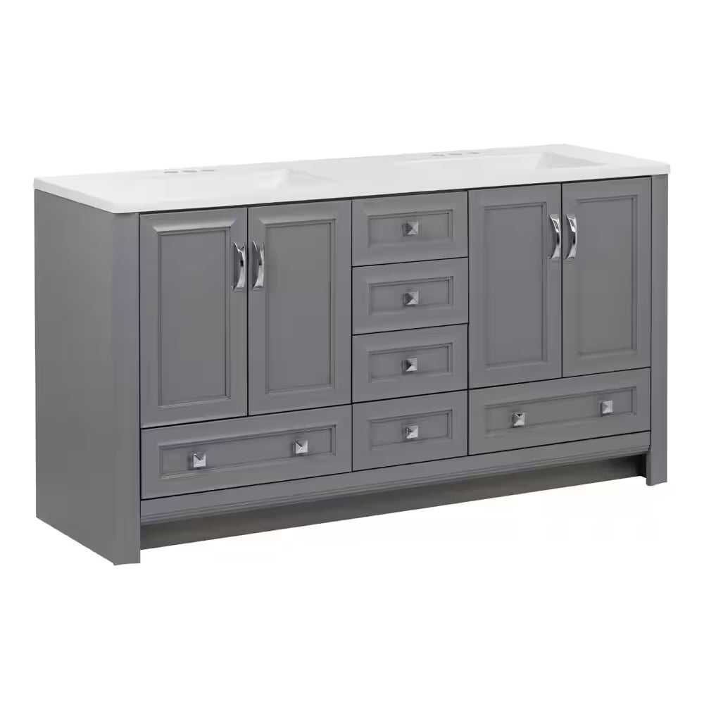 Candlesby 61 In. Double Sink Sterling Gray Bath Vanity with White Cultured Marble Top (Assembled)