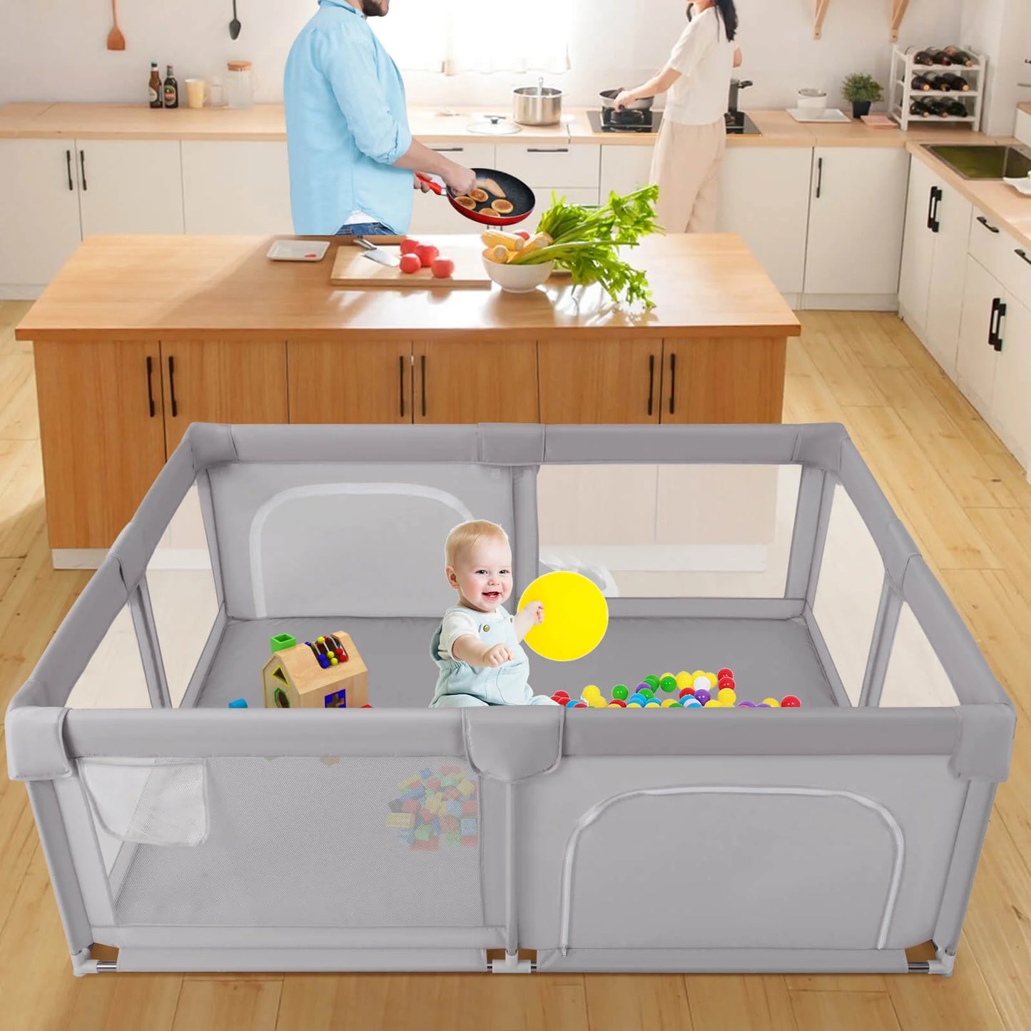 75" X 59" Large Baby Playpen with Breathable Mesh & Zipper Doors Play Yard Fence Gray