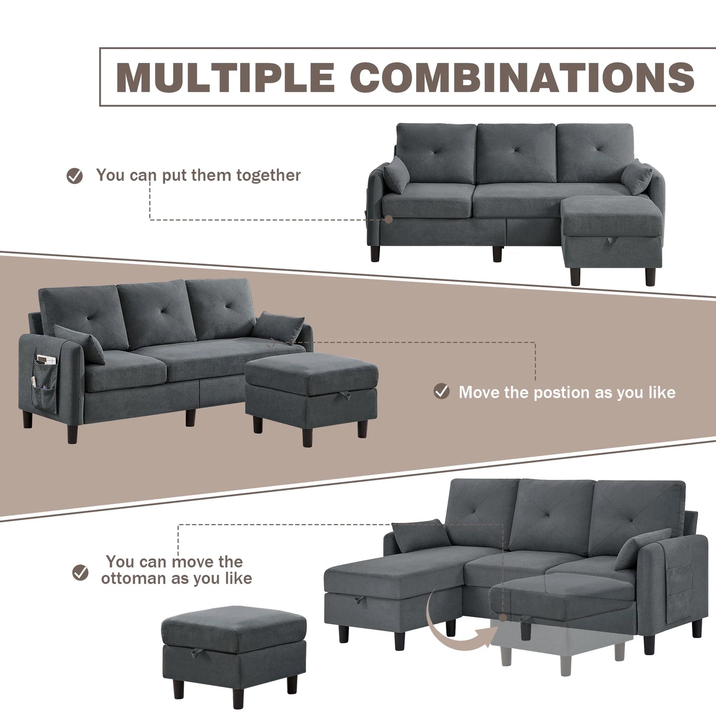 Convertible Sectional Sofa L Shaped Sofa Modern Fabric 3 Seat Couch with Reversible Storage Ottoman and Side Storage Pocket for Living Room Office Apartment Studio