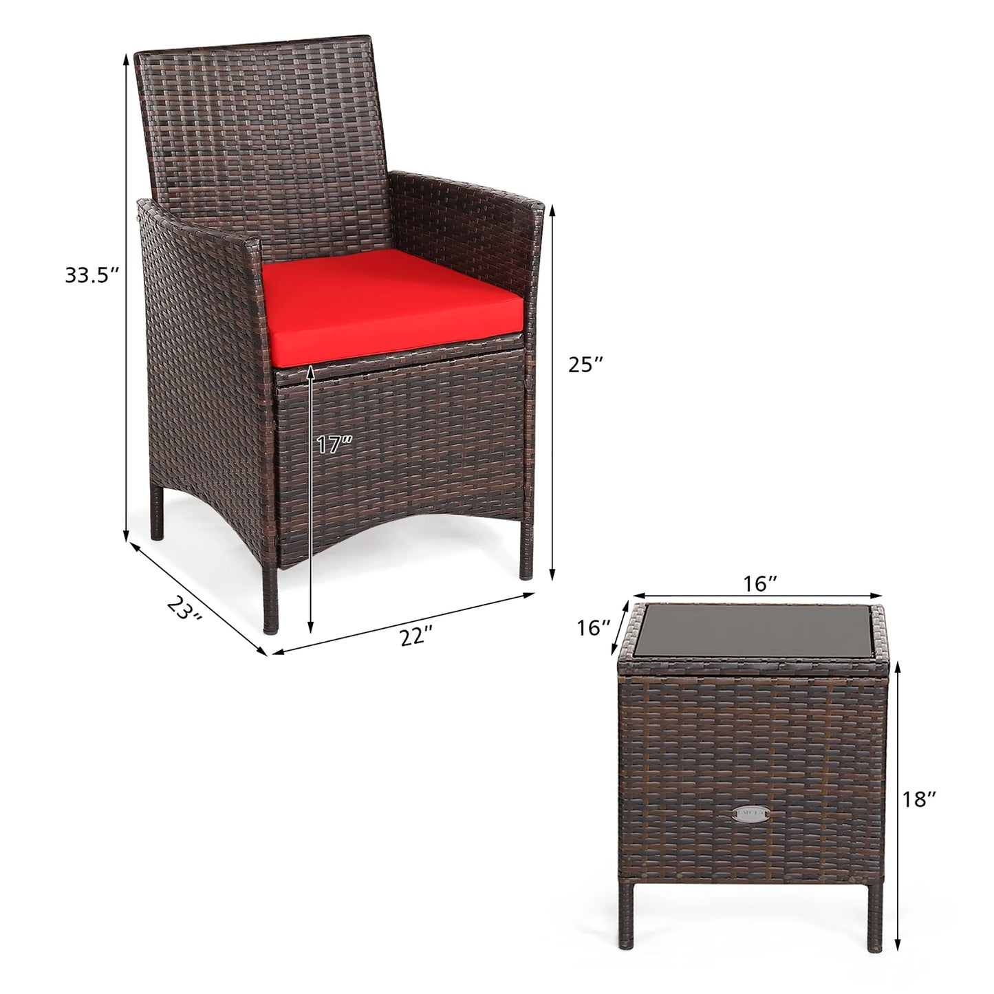 3PCS Patio Rattan Furniture Set Cushioned Sofa Glass Tabletop Deck Red