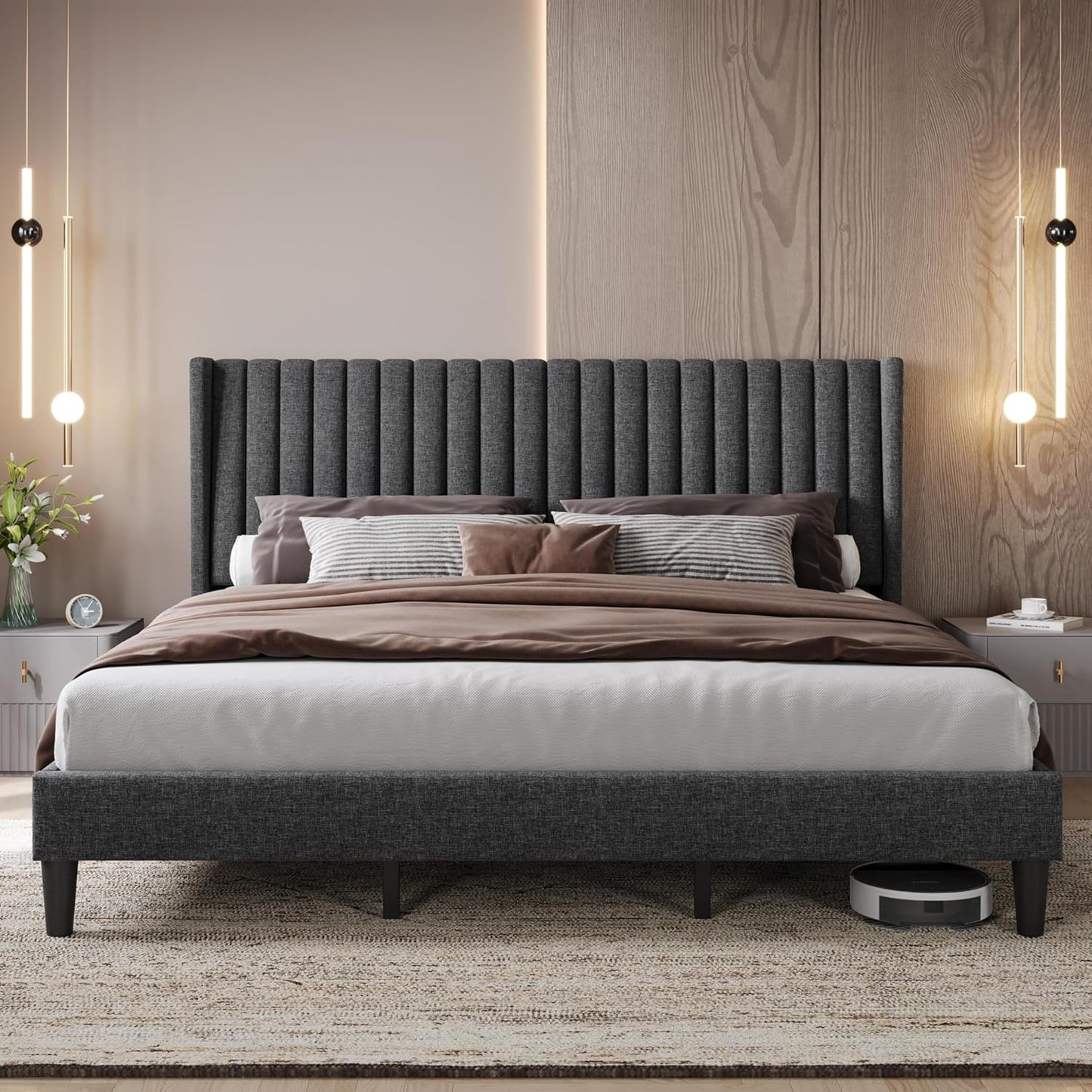 Queen Bed Frame Upholstered Platform Bed with Fabric Headboard, Wing Edge Design/Non-Slip and Noise-Free/Wooden Slats Support/No Box Spring Needed/Easy Assembly, Dark Gray Queen Bed